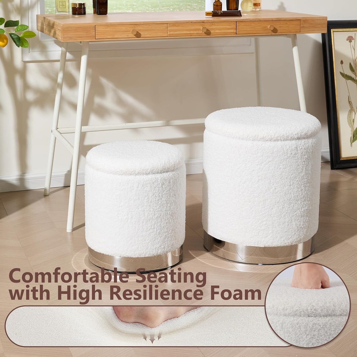 Royal Windsor Boucle Round Ottoman with Storage Set of 2, Vanity Stool with Storage for Bedroom, Ottoman Coffee Table Silver-Tone Ring Around The Base, Small Foot Stool for Living Room, White