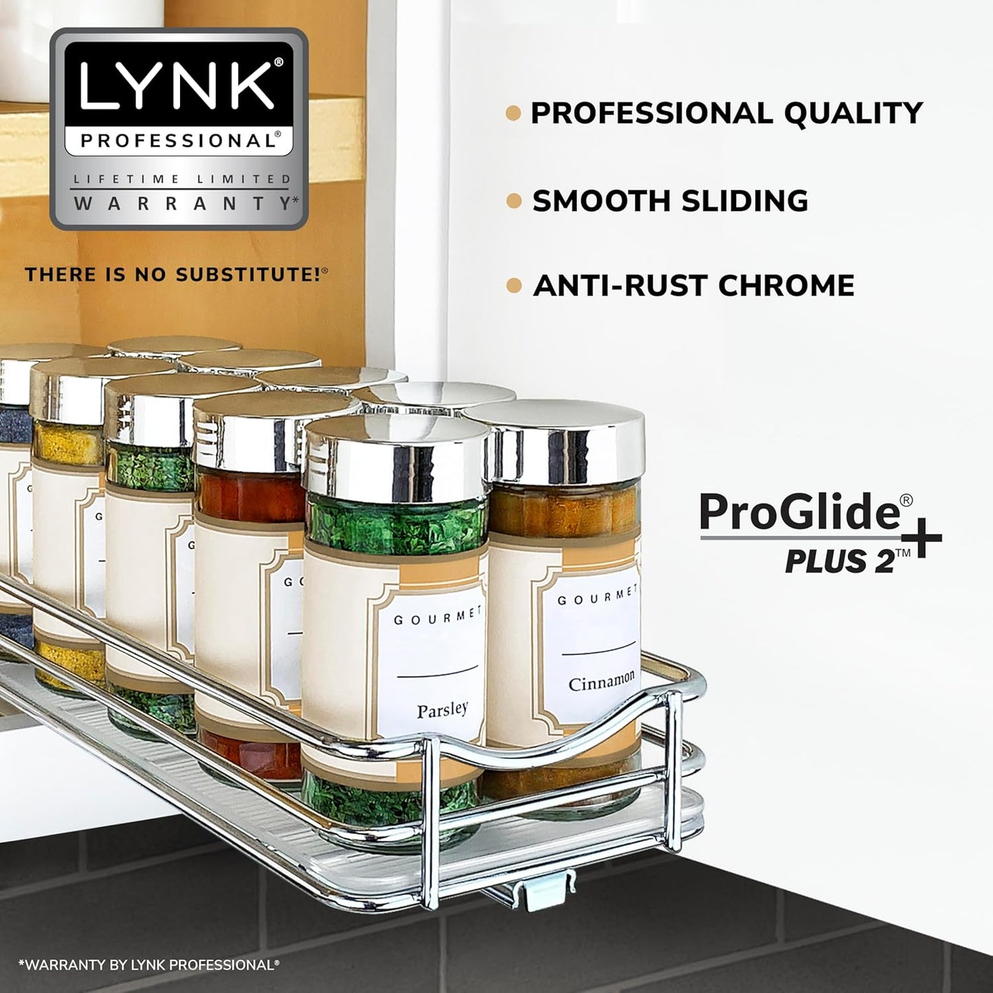 LYNK PROFESSIONAL® Pull Out Spice Rack Organizer for Inside Kitchen Cabinets - 4-1/4 inch Wide - Slide Out Drawer – Chrome Sliding Spice Cabinet Organization Shelf Racks - 1 Tier