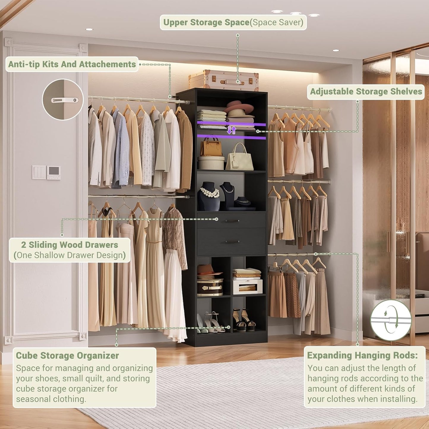 Closet System, 4-8 FT Closet Organizer Tower with 2 Wooden Drawers and Shelves, Can Fit 60 to 96 inch Walk-in Closet System with 5 Hang Rods, Built-in, Black