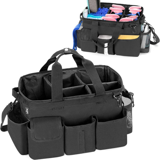 LoDrid Large Wearable Cleaning Caddy Bag with Detachable Divider, Cleaning Supply Tote with Handles, Organizer with Adjustable Shoulder Strap for Cleaners & Housekeepers, Black