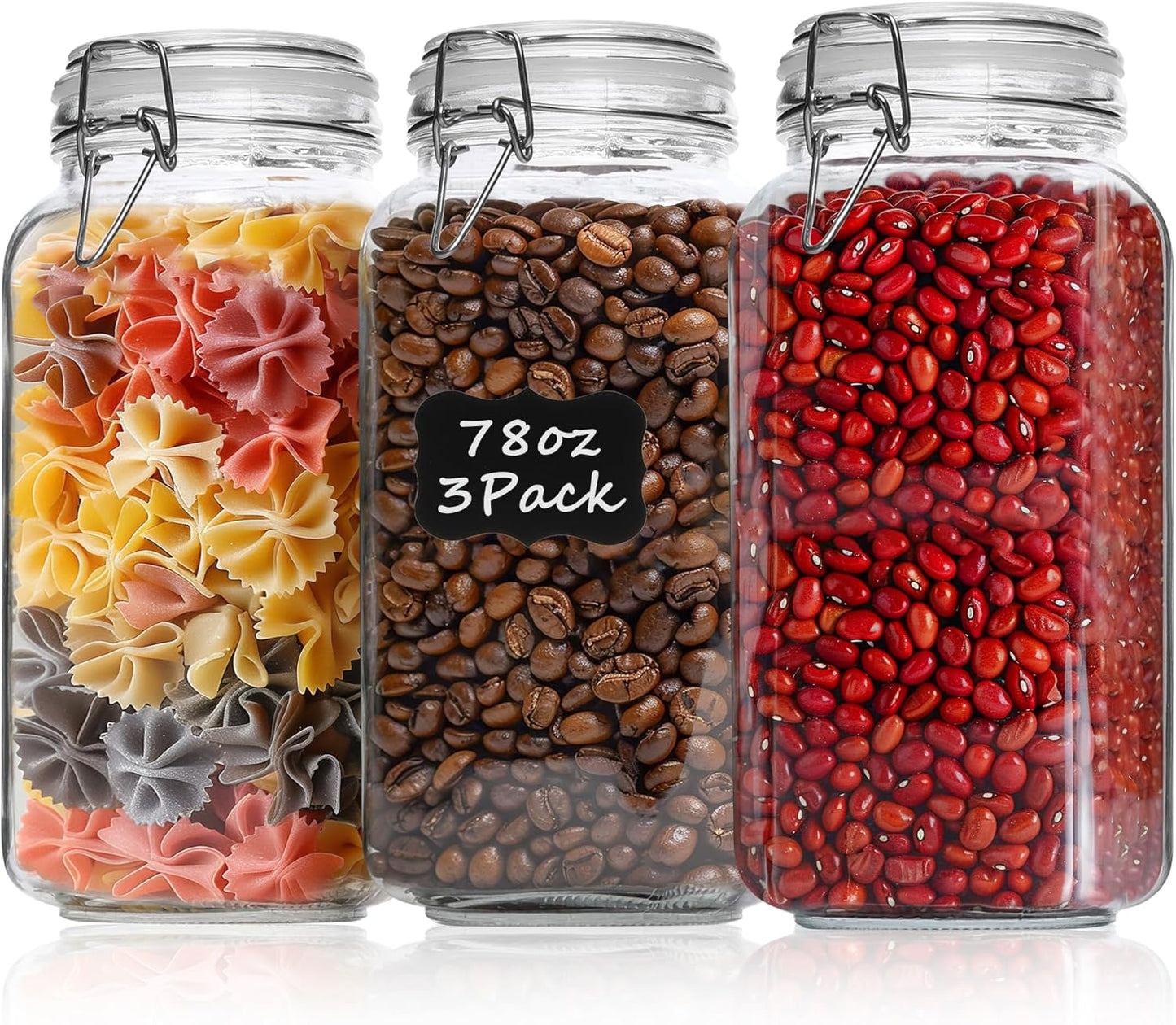ComSaf Airtight Glass Jars with Lids 78oz Set of 3, Food Storage Canister Square - Storage Container with Clear Preserving Seal Wire Clip Fastening for Kitchen Canning Flour, Cereal, Pasta, Beans