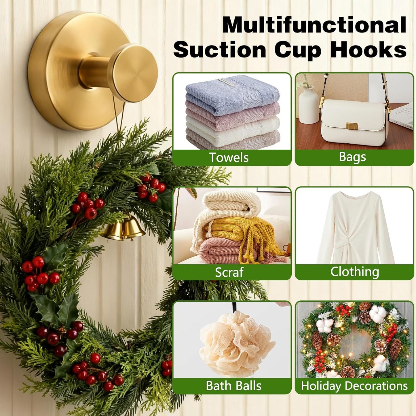 Suction Cup Hooks for Wreaths on Glass, 2025 New No Drill Suction Cup Hooks (4PCS-Gold)