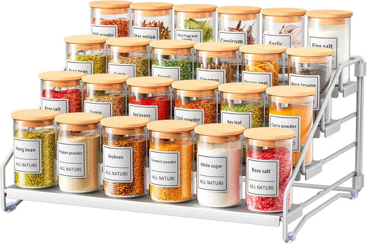 RCHYFEED 4 Tier Spice Rack Organizer, Spice Organization for Cabinet,Pantry, Countertop,Tiered Spice Rack Easy Visibility,Depth Expandable Seasoning Shelf for Kitchen Cabinet Organizer,Silver