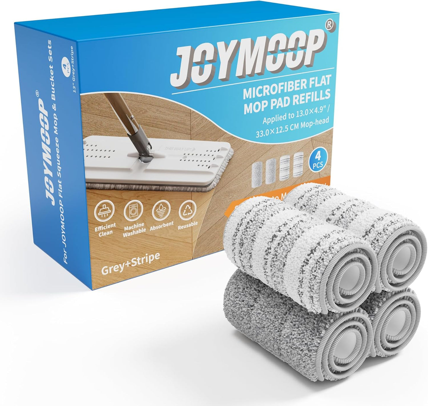 JOYMOOP Flat Mop Pads, Microfiber Mop Cleaning Pads, Washable Pads, Pads Replacement Flat Mop or Mop Bucket Set, Pack of 4 Refills 13inch - Grey and Stripe