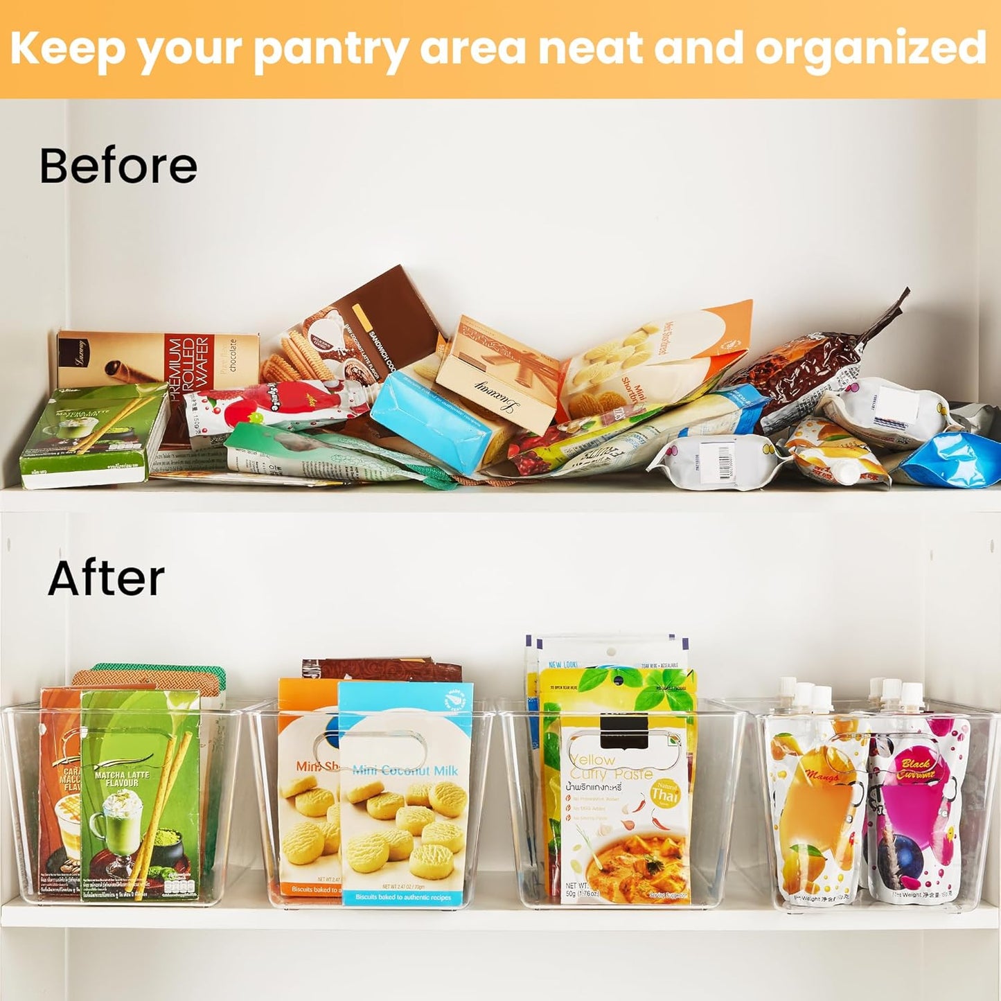 YIHONG Clear Plastic Storage Bins, 4 Pack Pantry Organizer Bins with Handle for Kitchen, Freezer,Cabinet,Closet Organization and Storage