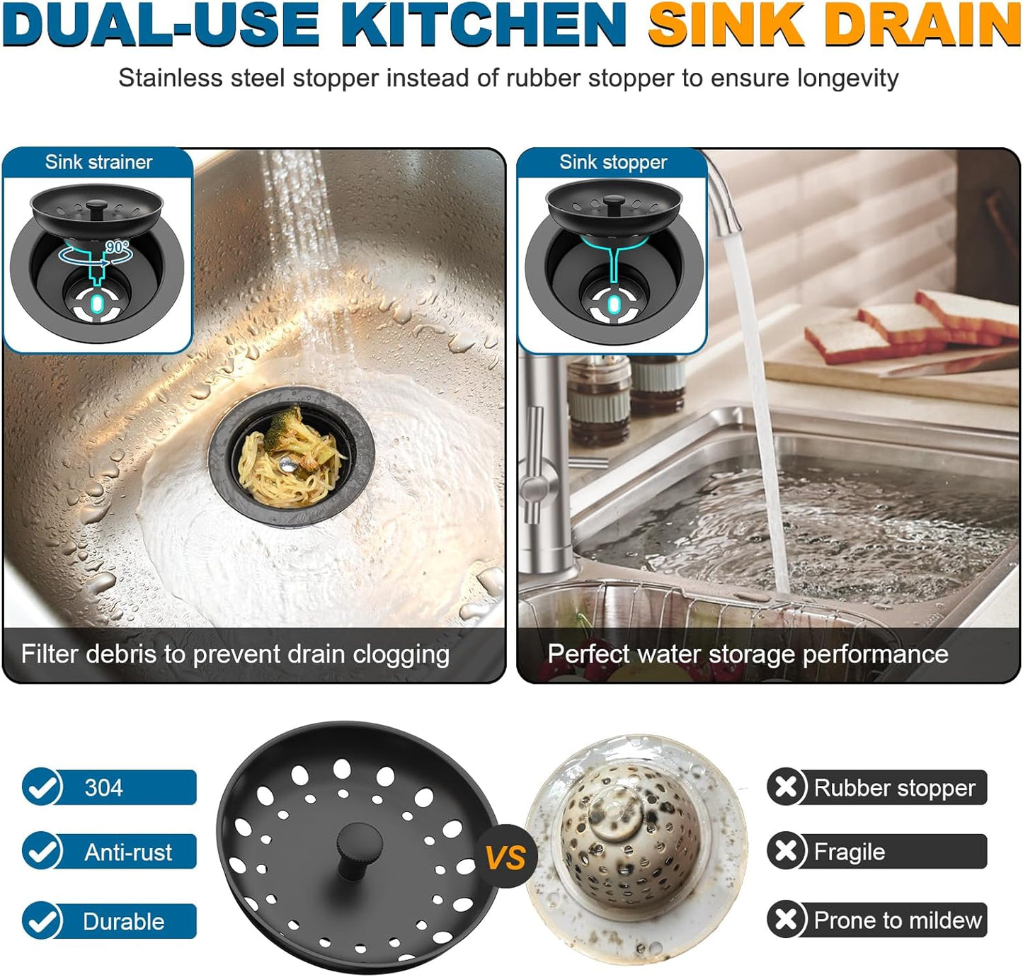 BOTEMY Stainless Steel Black Sink Drain Strainer Kit 3-1/2 inch Kitchen Drain Assembly with Metal Center Knob Basket Stopper Replacement for Standard Kitchen Sinks, Matte Black