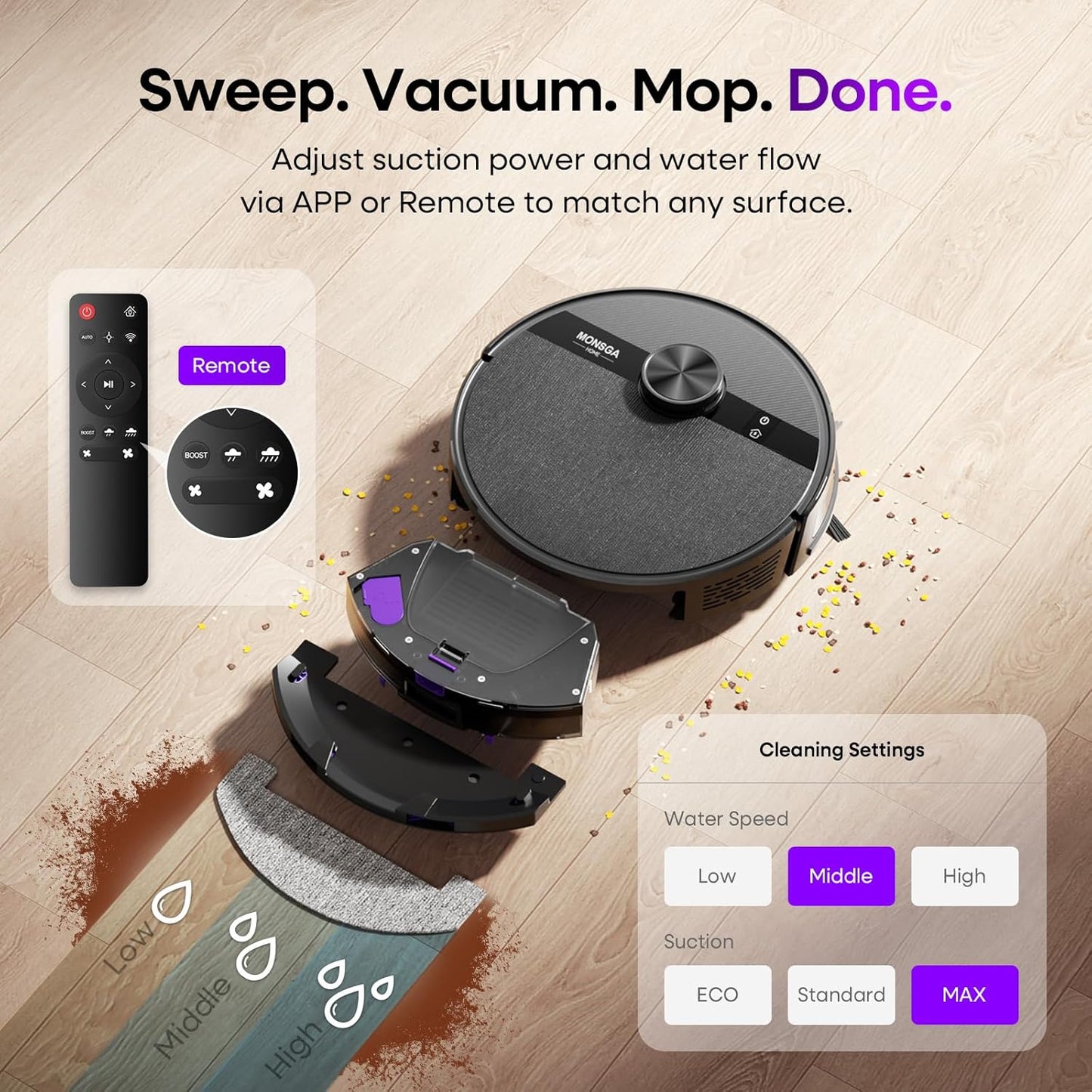 MONSGA Robot Vacuum and Mop Combo, 5000Pa Robotic Vacuum with Lidar Navigation, 180mins Runtime, Tangle-Free Robot Mop, 5 Editable Maps, APP/Remote/Voice Control, Ideal for Hard Floors and Carpets