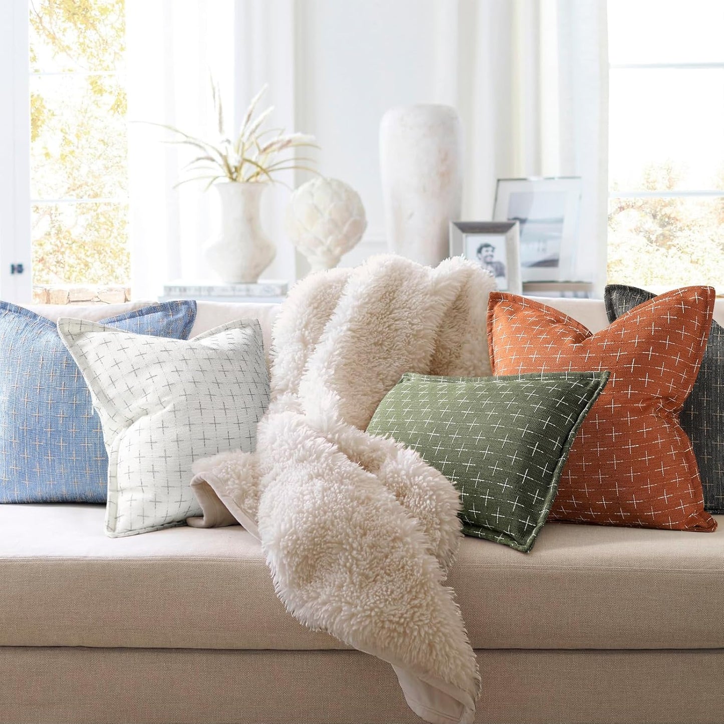 ZWJD Pillow Covers 16x16 Set of 2 Soft Polyester Textured Pillow Covers with Stylish Flange Edge Cozy Farmhouse Throw Pillows for Couch Bed Sofa Living Room
