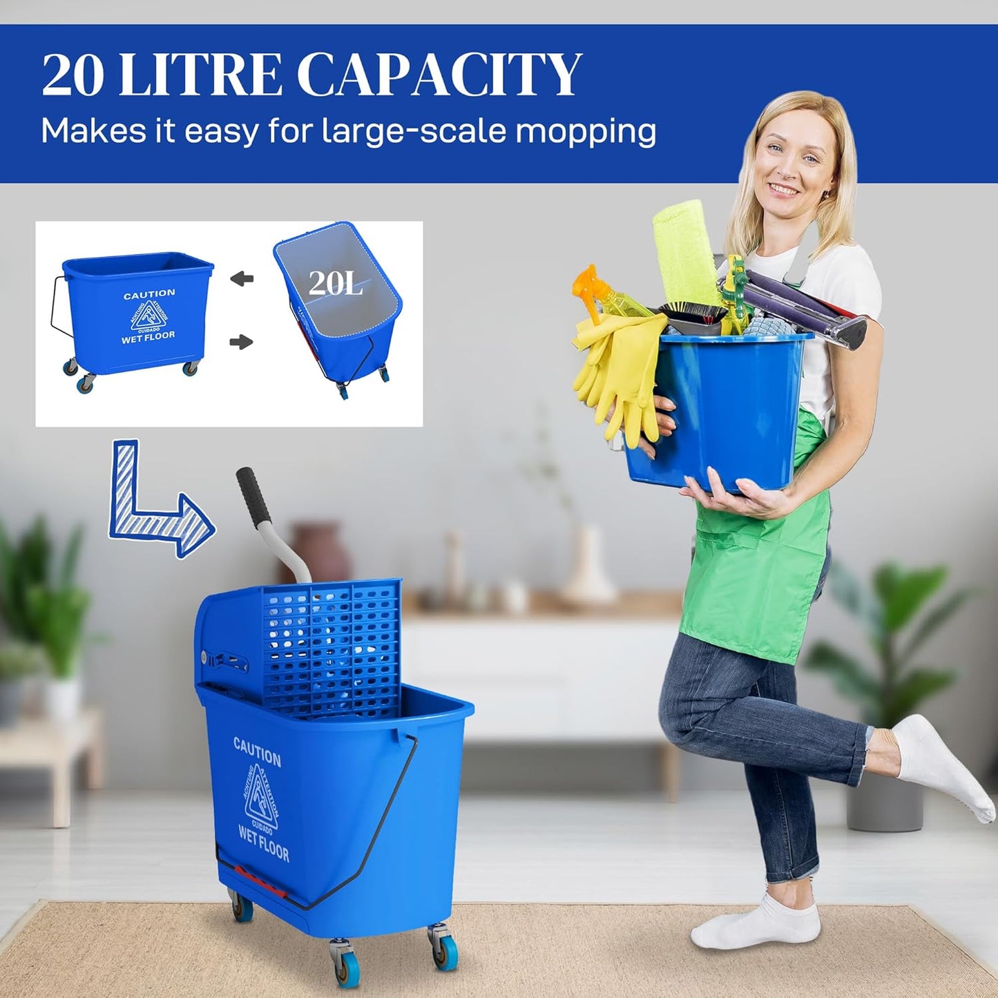 HOMCOM Compact Mop Bucket with Wringer on Wheels for Floor Cleaning, 21 Quart, Separate Dirty and Clean Water, for Home, Apartment, Blue