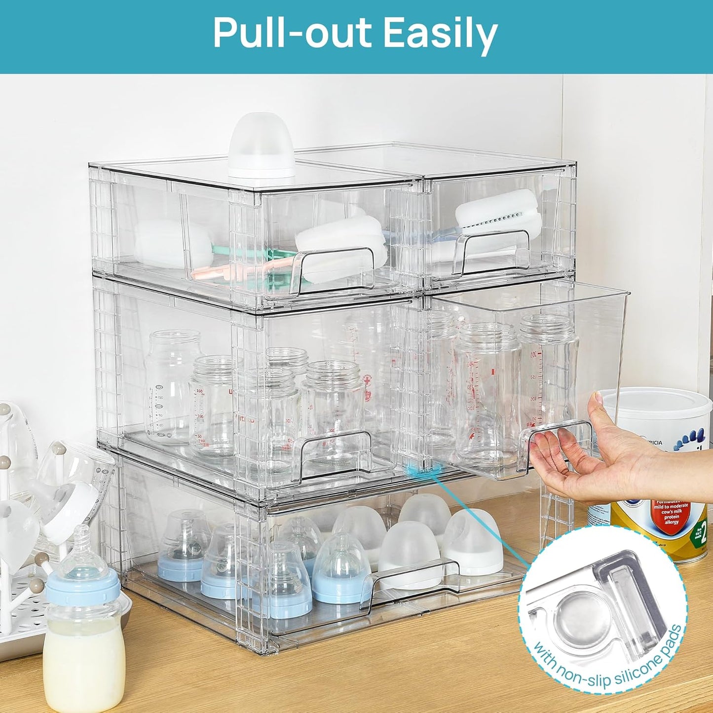 Vtopmart Clear Stackable Storage Drawers Set of 5, Easily Assemble Acrylic Bathroom Undersink Organizers,Plastic Storage Bins for Closet,Cabinet,Pantry,Medicine Organization