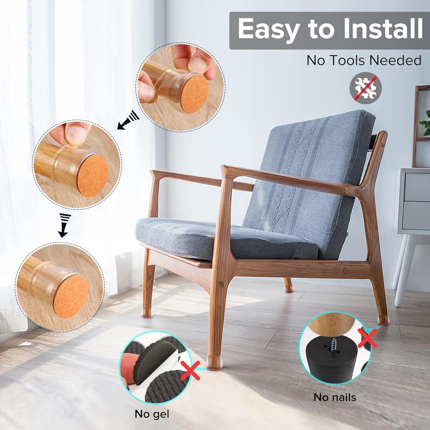 Upgraded Silicone Chair Leg Floor Protectors for Hardwood Floors, Furniture Sliders, Felt Bottom Furniture Pads, Round&Square Cap Covers to Scratch and Reduce Noise, Transparent, 24pcs