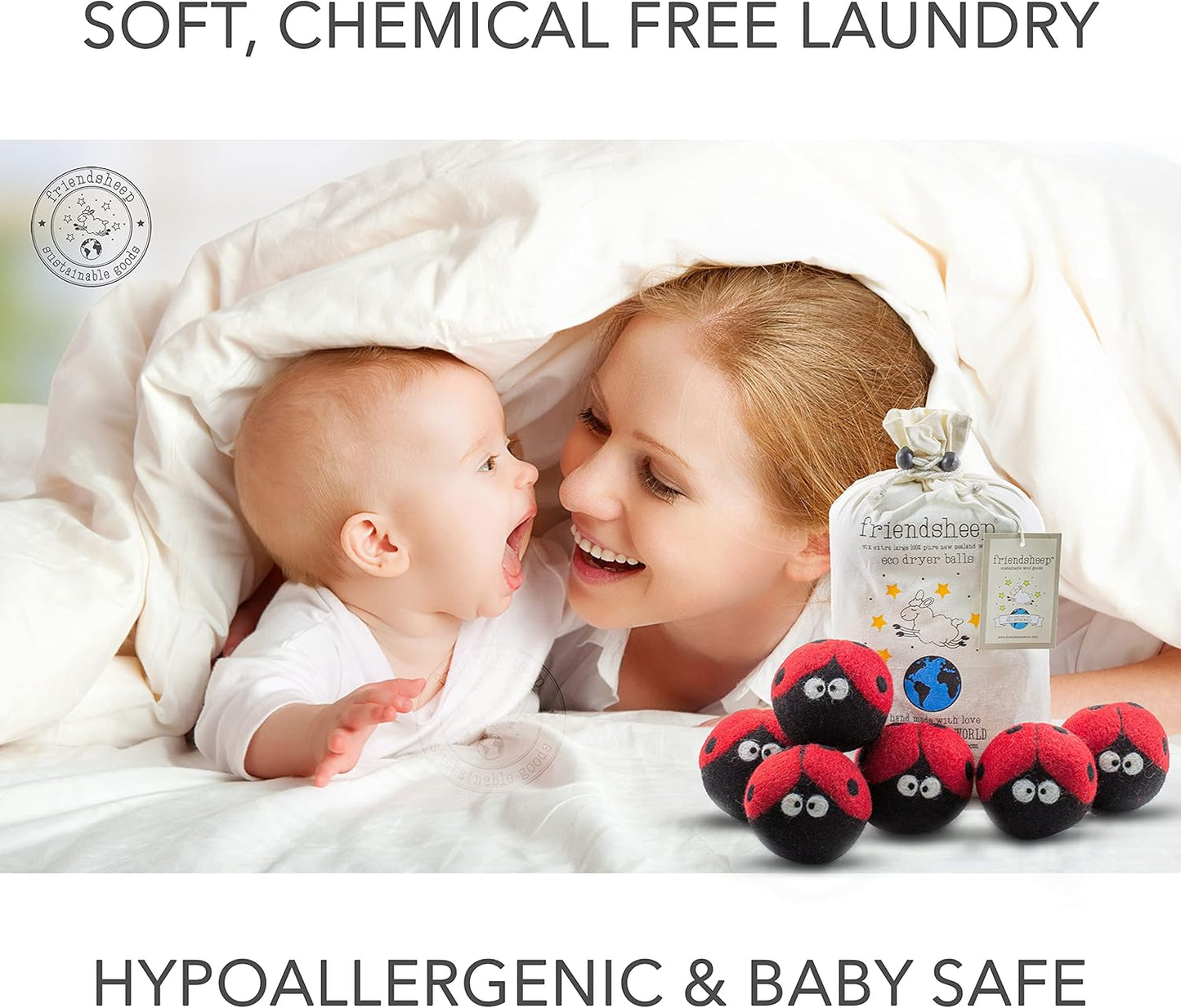 Friendsheep Wool Dryer Balls 6 Pack XL Organic Premium Reusable Cruelty Free Handmade Fair Trade No Lint Fabric Softener Ladybugs - Laundrybugs