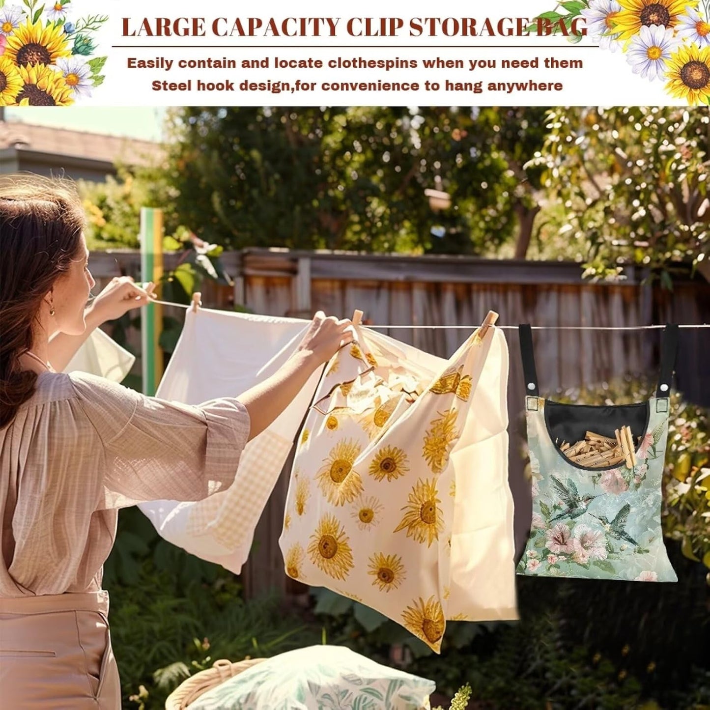 Hummingbird Clothespin Bag for Outdoor Laundry Clothesline and Clothes Pin Holder Clothespin Bag for Clothes Pins Heavy Duty Outdoor Use