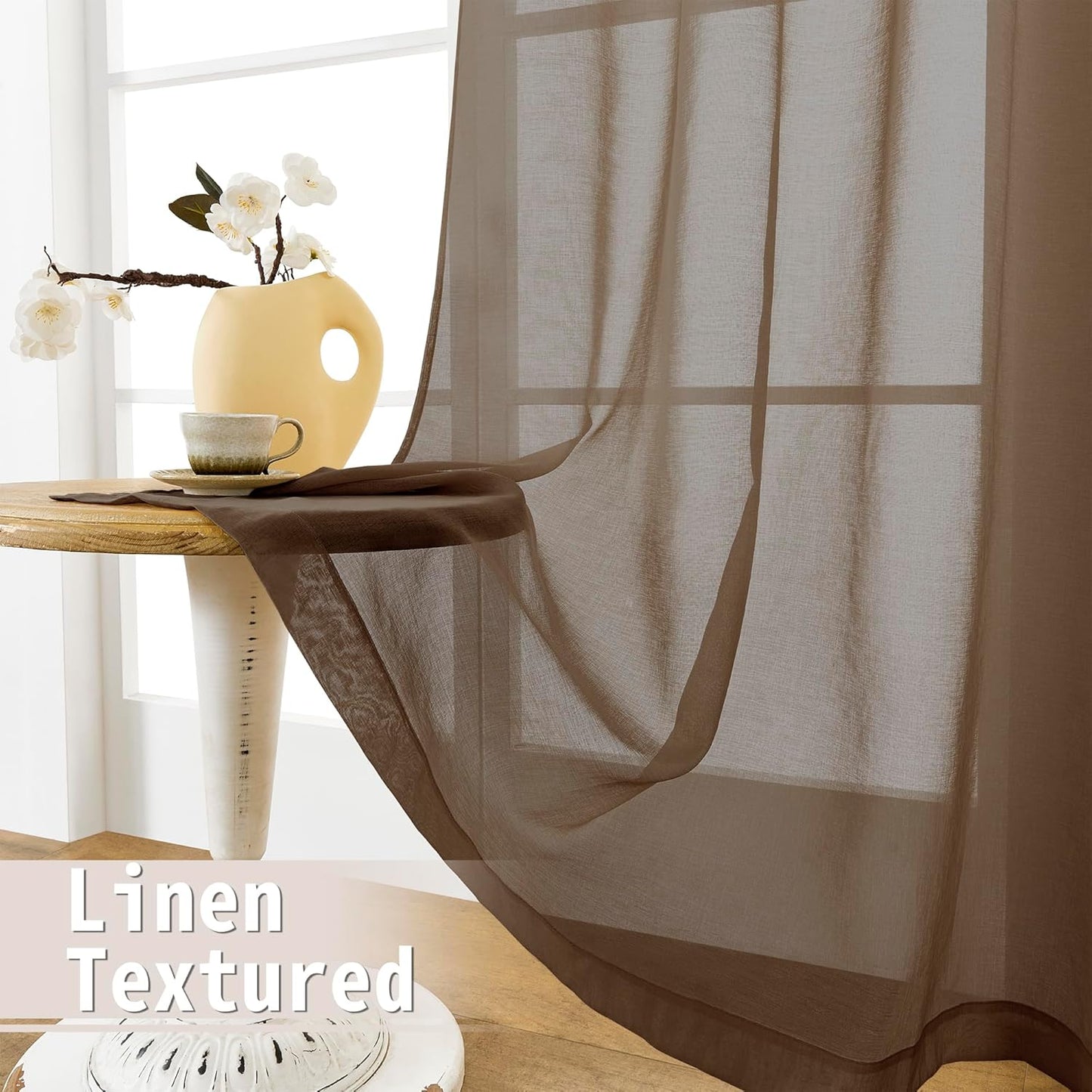 Tollpiz Short Sheer Door Curtains Closet Linen Textured Curtains Sheer Doorway Light Filtering Voile Patio Glass Doors Rod Pocket Curtain French Door, 54 x 40 inches Long, Brown, Set of 1 Panel