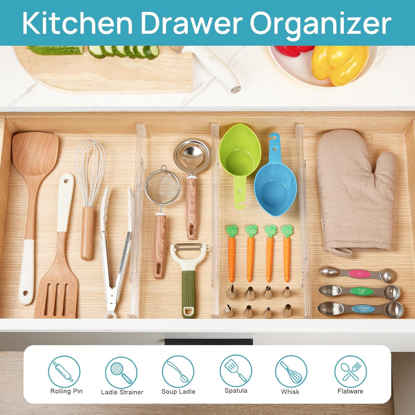 Vtopmart 4 Pack Shallow Drawer Dividers, 2.36" High 12.67"-21.14" Adjustable Expandable Kitchen Drawer Organizer, Clear Plastic Organizer Separators for Flatware, Utensil, Cutlery, Underwear, Clothes