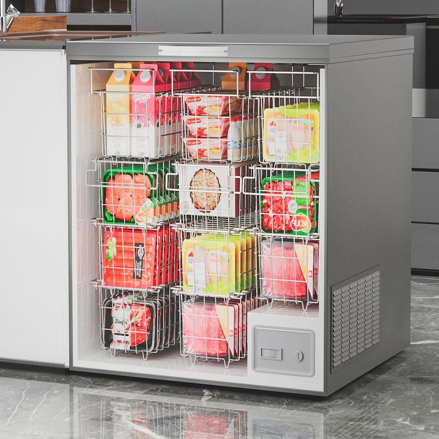 4-Pack Stackable & 1-Pack Hanging Chest Freezer Organizer Bins for 7 Cu.Ft Freezer