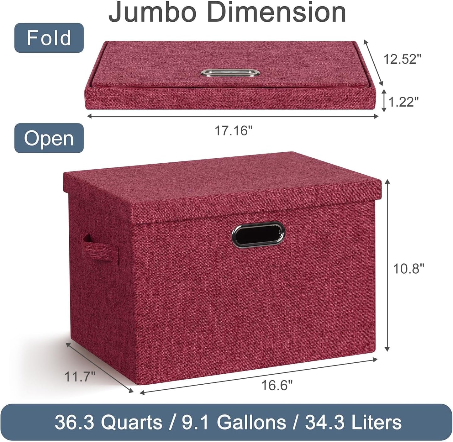 Large 17" 36 Quart Collapsible Stackable Storage Bins with Lids, 3 Packs Bright Red Linen Fabric Closet Boxes with Lids, Storage Cube Baskets Container Organizers for Office (17x12x11)