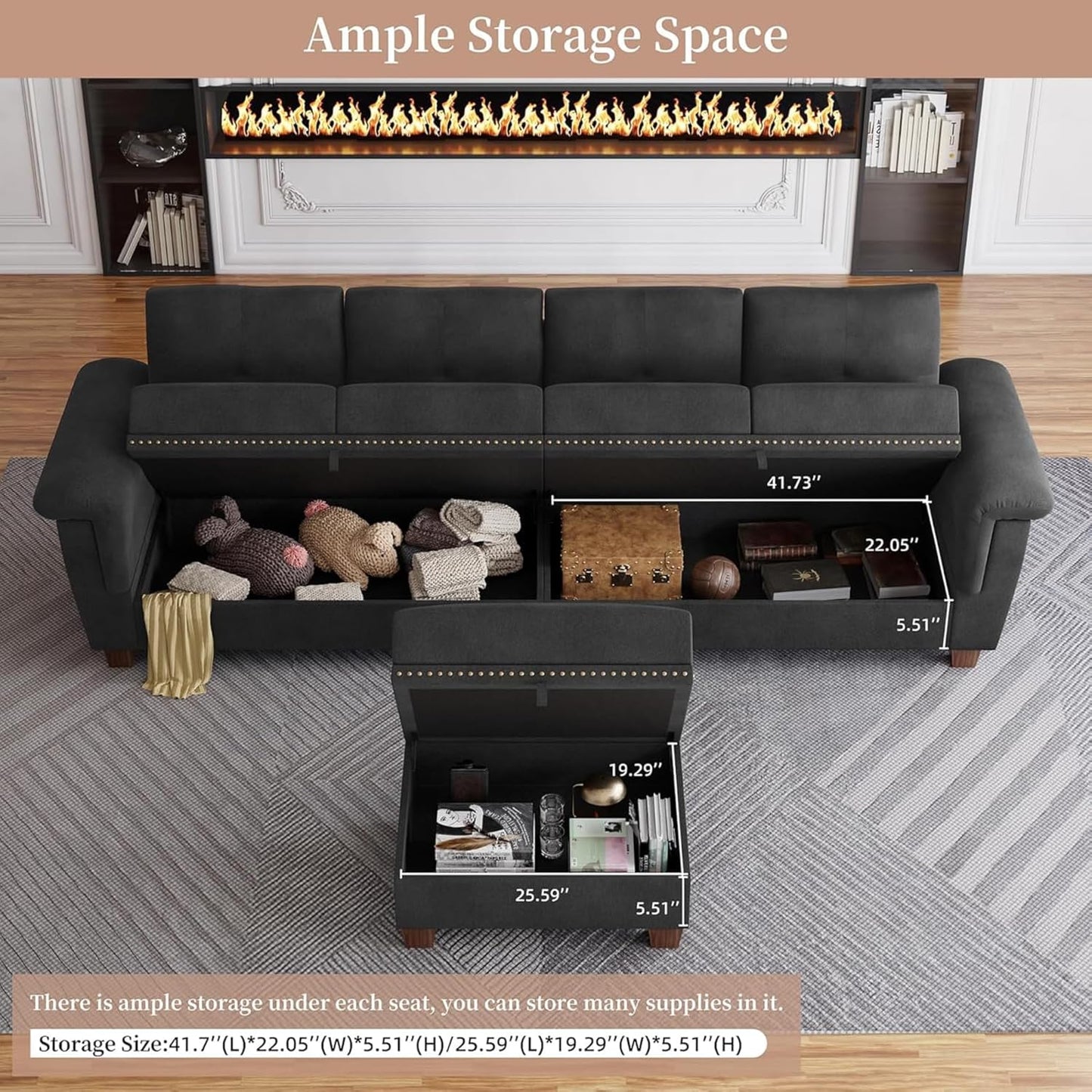 JAMFLY 108" Modular Sectional Sofa with Storage, L Shaped Sofa Couch with Reversible Ottoman, 4-Seat Convertible Sectional Couches with Cup Holders for Living Room, Apartment, Black