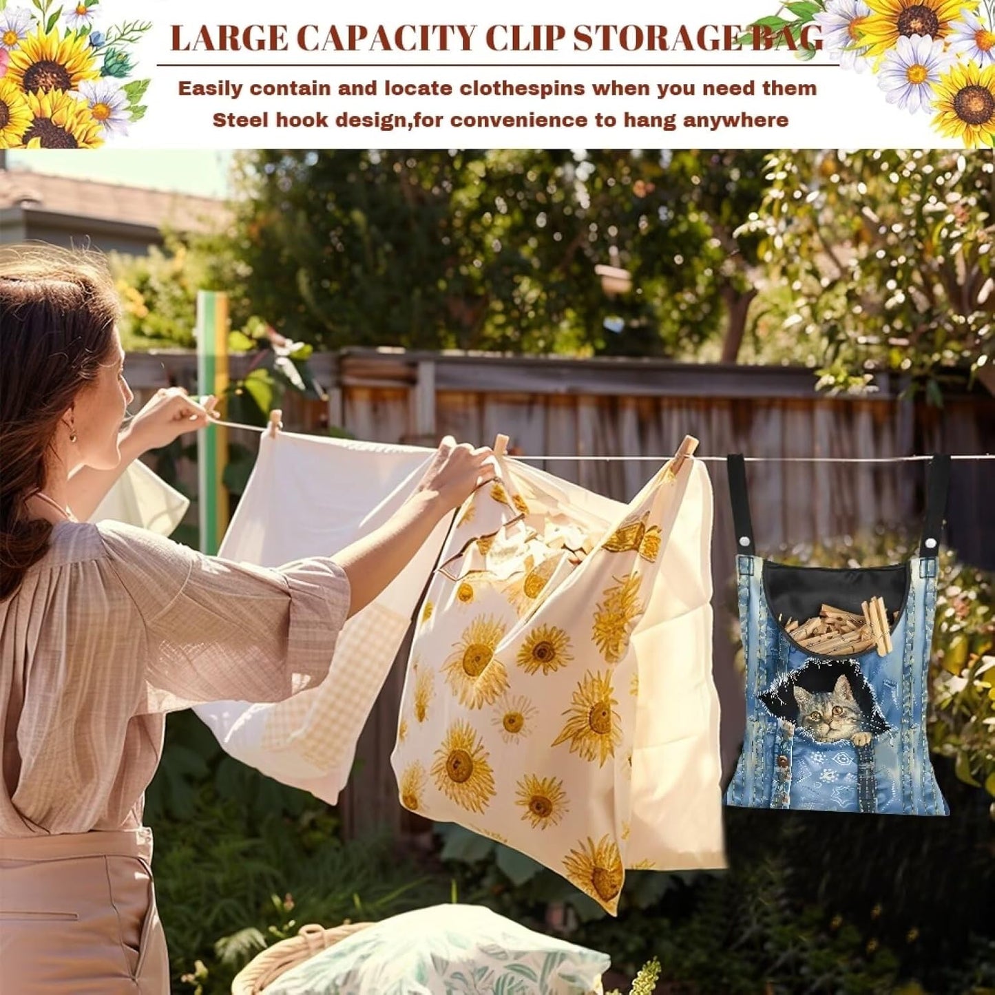 2 Pcs Clothespin Bag, Cat Pin Bag with Hanging Rope for Home Outdoor，Laundry Hanging Bag Fits Clothes Lines for Hanging Clothes Outside Balcony Bathroom Corridor Yard