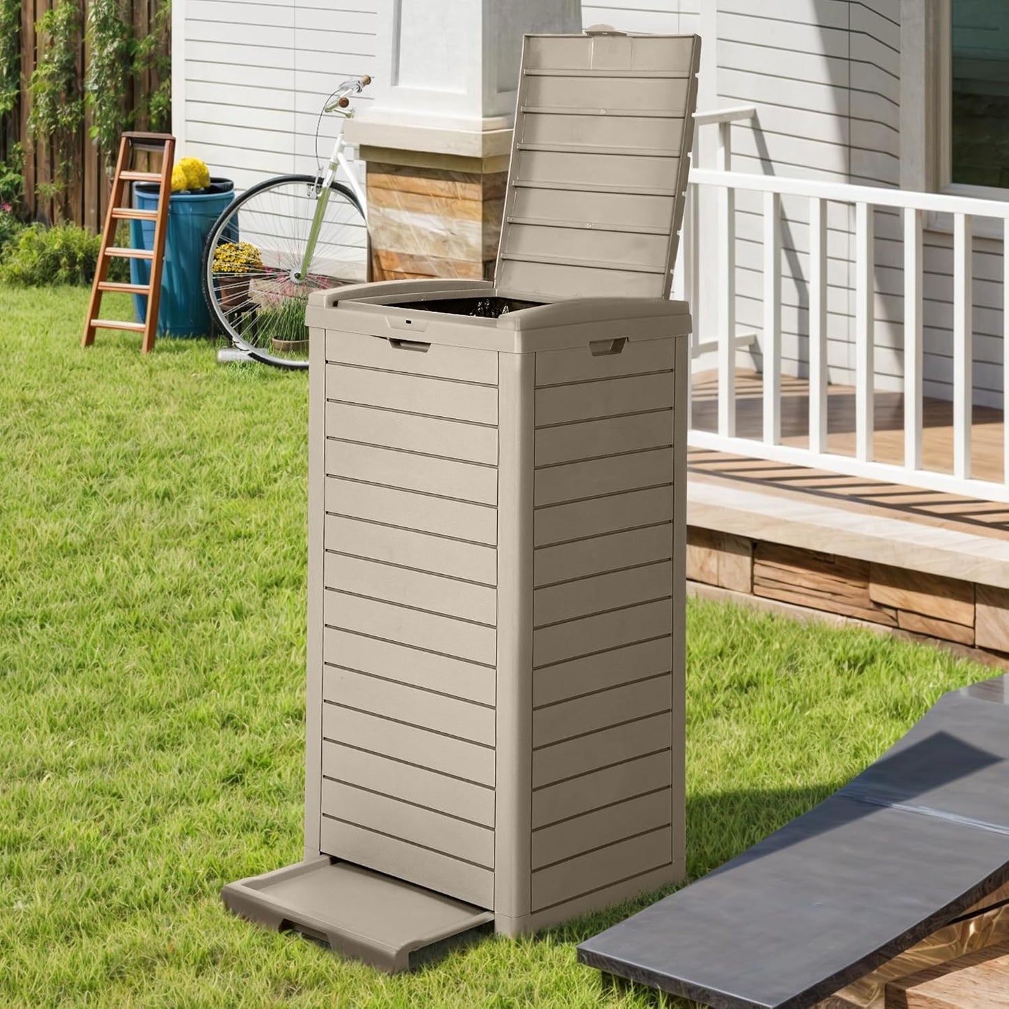 DWVO 38 Gallon Large Outdoor Trash Can, Waterproof Resin Hideaway Garbage Bin with Lid and Drip Tray, Outside Trash Bin for Porch, Backyard, Deck, Patio, Poolside, Easy to Clean, Taupe
