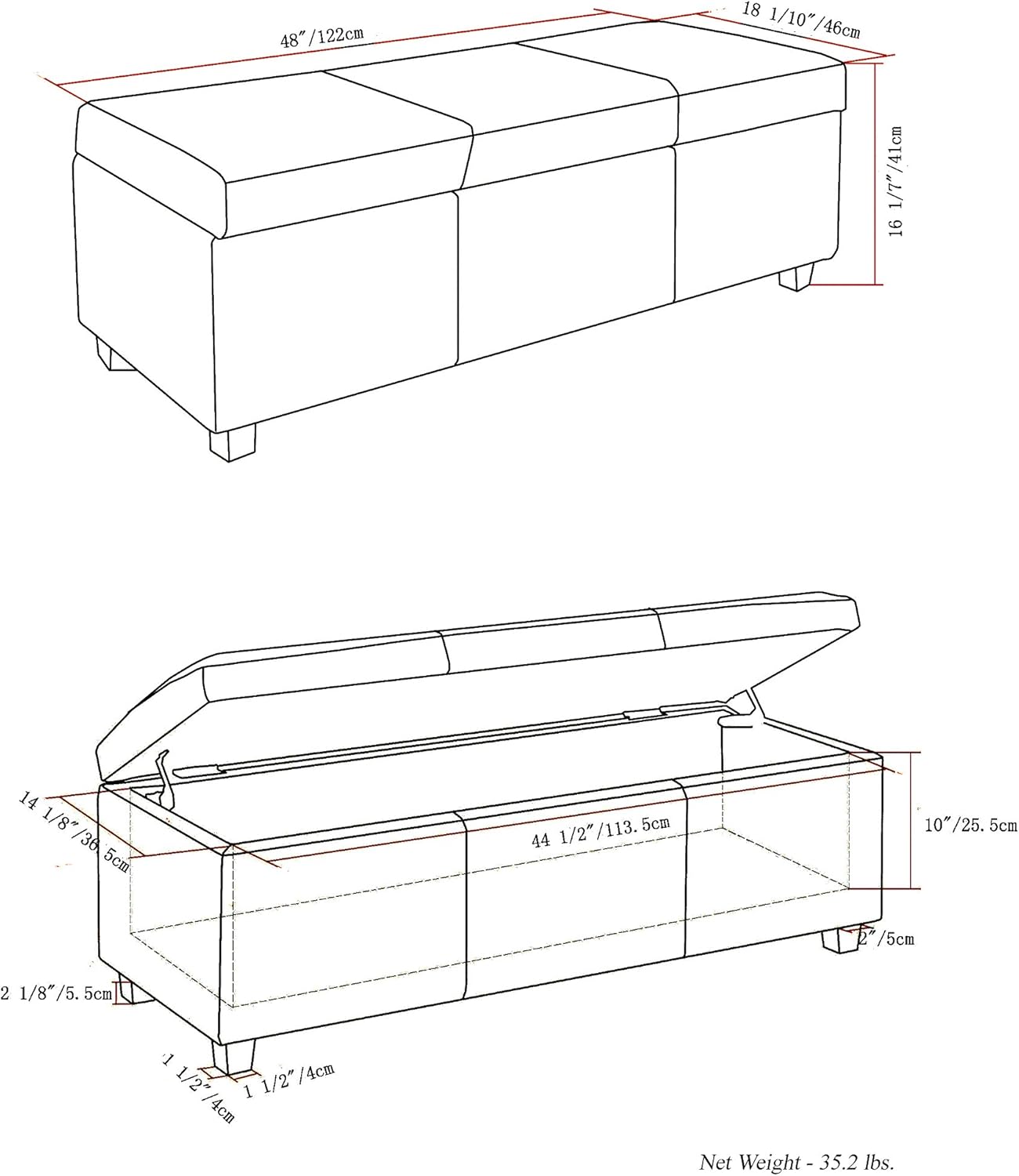 SIMPLIHOME Avalon 48 inch Wide Contemporary Rectangle Storage Ottoman Bench in Cloud Grey Linen Look Fabric, Assembled, for the Living Room, Entryway and Family Room