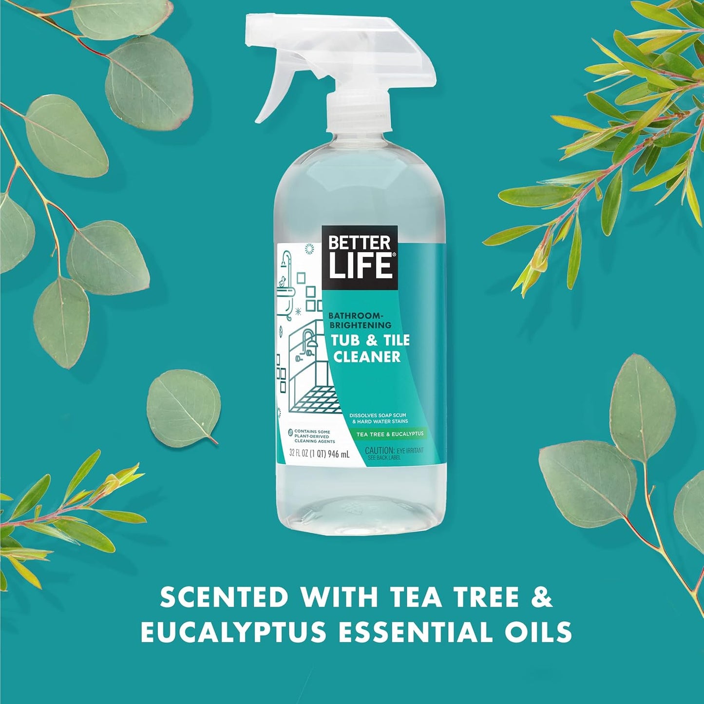 BETTER LIFE Bathroom Cleaner - Tea Tree Bathtub & Shower Cleaner Spray for Glass and Tile - Foaming Mold and Mildew Remover for Tub Works on Hard Water Stains - 32oz (Pack of 2)