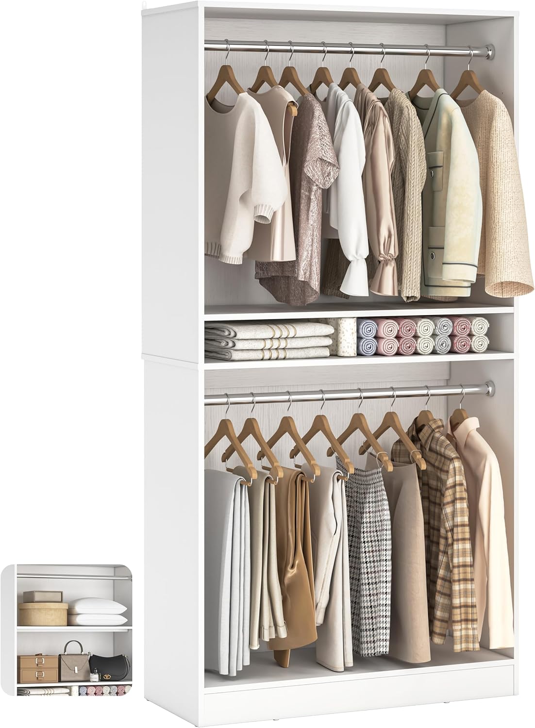 Unikito 3FT Freestanding Closet System with 2 Hanging Rods & Adjustable Shelve, 36'' Wood Closet Organizer System, Clothes Garment Rack, Sturdy Walk-in Closet Tower, Easy Assembly, Hold 800LBS, White