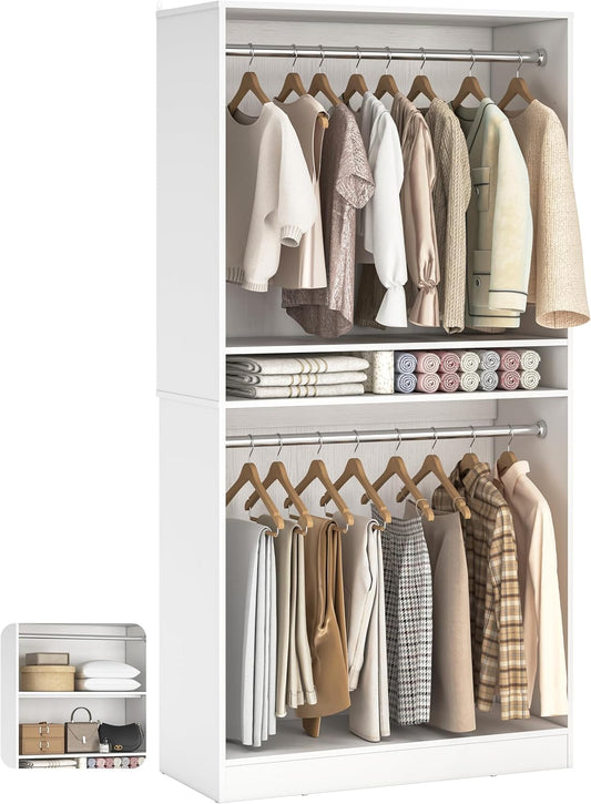 Unikito 3FT Freestanding Closet System with 2 Hanging Rods & Adjustable Shelve, 36'' Wood Closet Organizer System, Clothes Garment Rack, Sturdy Walk-in Closet Tower, Easy Assembly, Hold 800LBS, White
