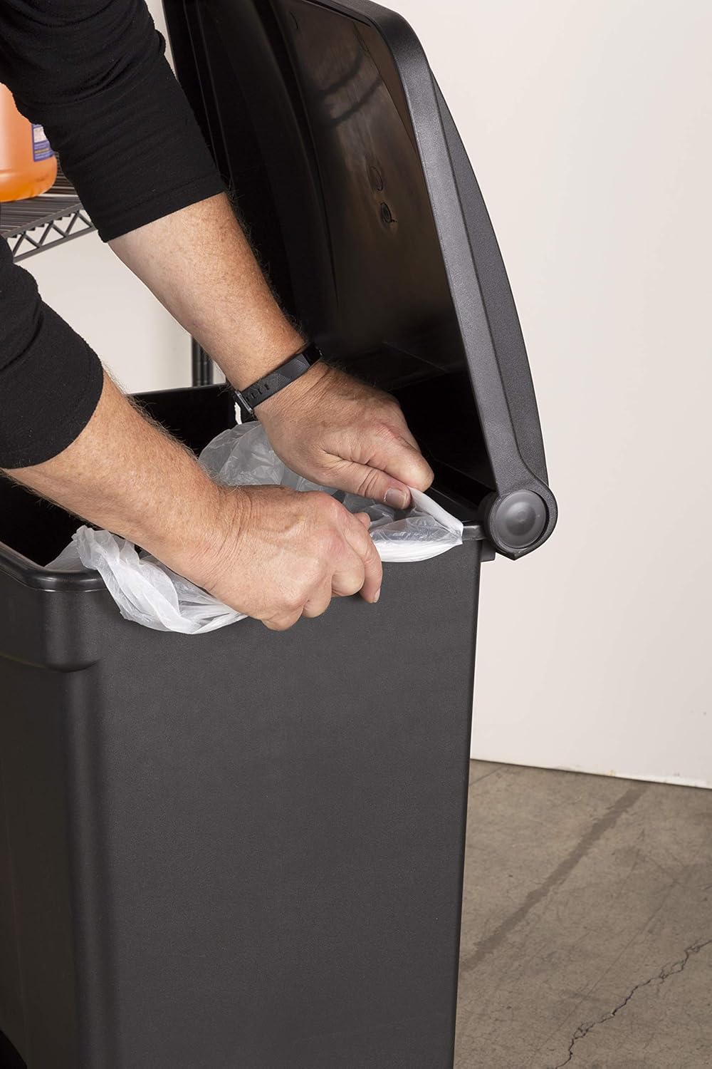Safco Step On Plastic Trash Can with Foot Pedal, 23 Gallon Garbage Can for Kitchen, Indoor or Outdoor Use, Hands Free, Black