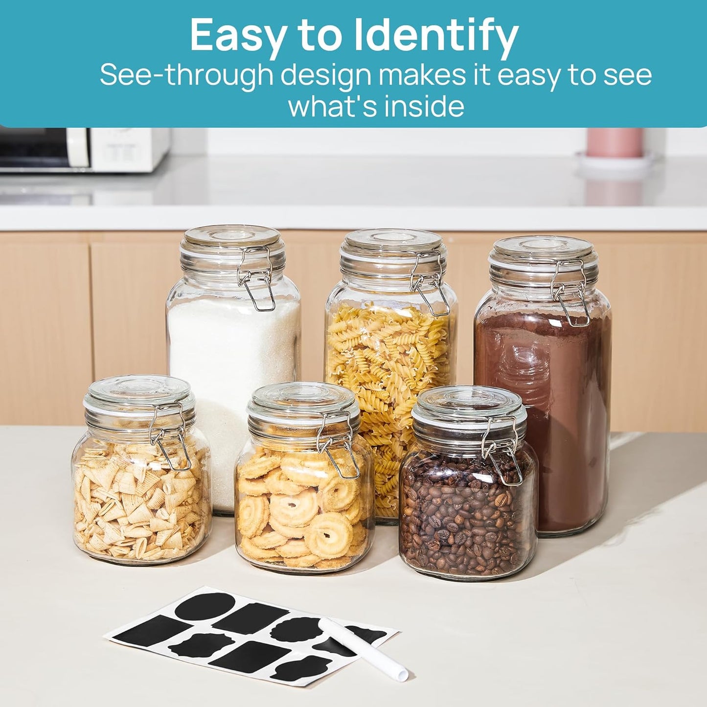 Vtopmart 34oz Glass Food Storage Jars with Airtight Clamp Lids, 3 Pack Kitchen Canisters for Flour, Cereal, Coffee, Pasta and Canning, Square Mason Jar with 8 Chalkboard Labels