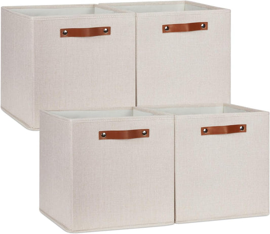 DULLEMELO Storage Baskets for Shelves Closet Storage,Sturdy Home Organization Bins for Gifts Empty,Foldable Fabric Storage Cubes Baskets for Nursery Toys Towels Clothes Storage(Beige-4 Pack)