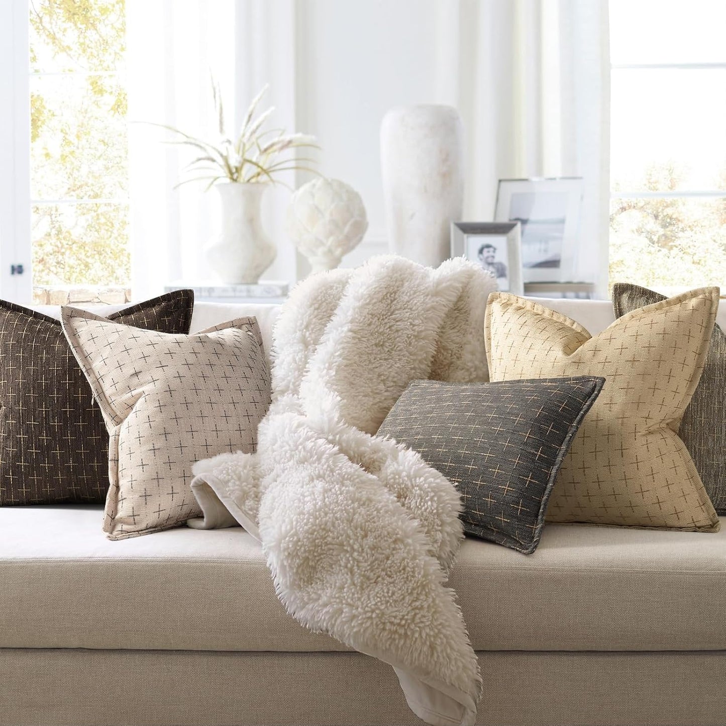 ZWJD Pillow Covers 26x26 Set of 2 Soft Polyester Textured Pillow Covers with Stylish Flange Edge Cozy Farmhouse Throw Pillows for Couch Bed Sofa Living Room