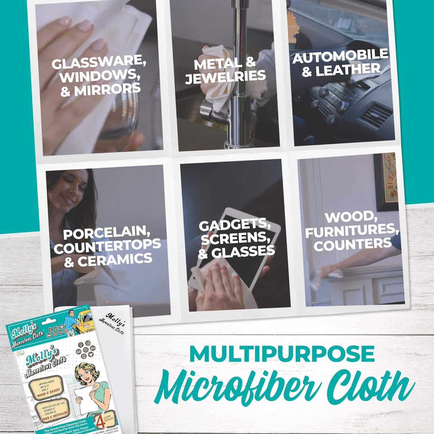 Molly's Marvelous Cloth, Streak-Free, Lint-Free Microfiber Cleaning Cloth, Polishing Cloth for Glass, Stainless Steel, Use for Kitchen, Bath, Cars, Detailing, Reusable (17" by 16") (4pk, White)