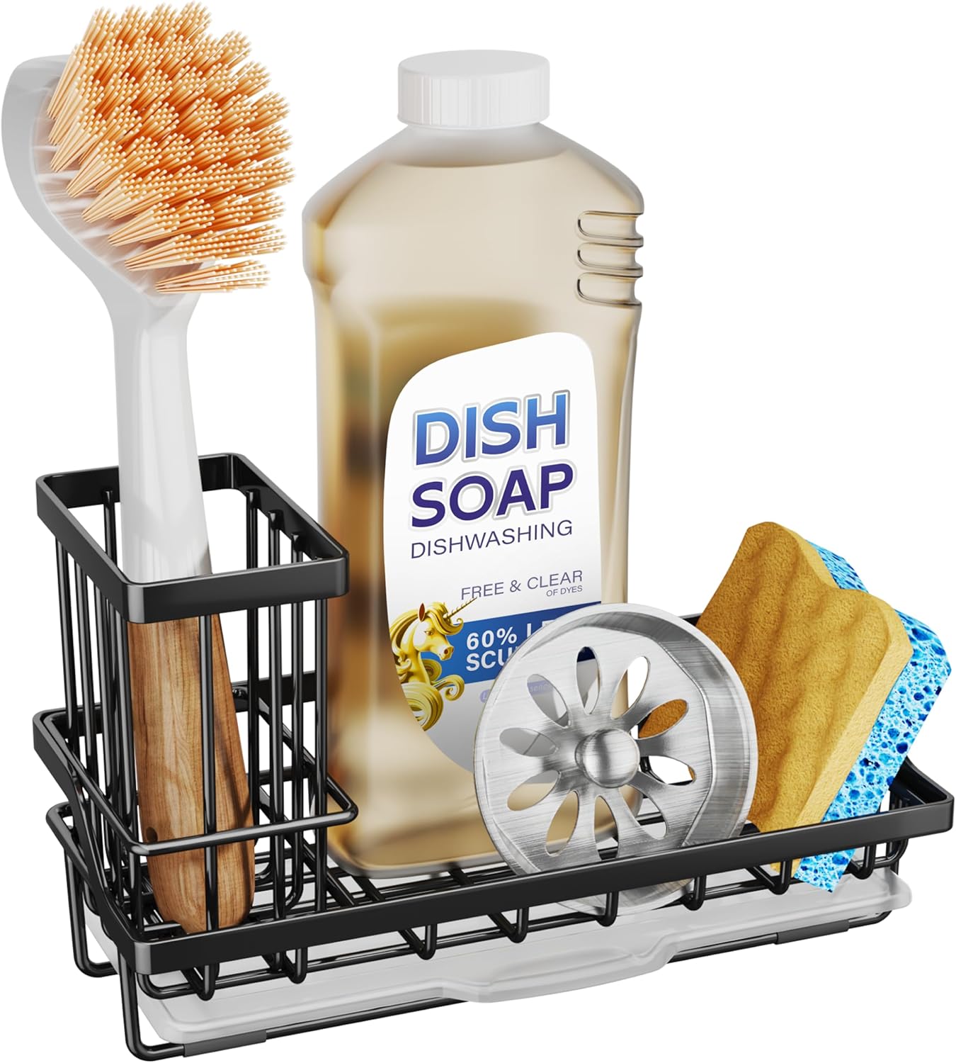 SWTYMIKI Sink Caddy Sponge Holder - Kitchen Sink Organizer with High Brush Holder for Countertop to Hold Dish Soaps and Sponges, Stainless Steel, Black