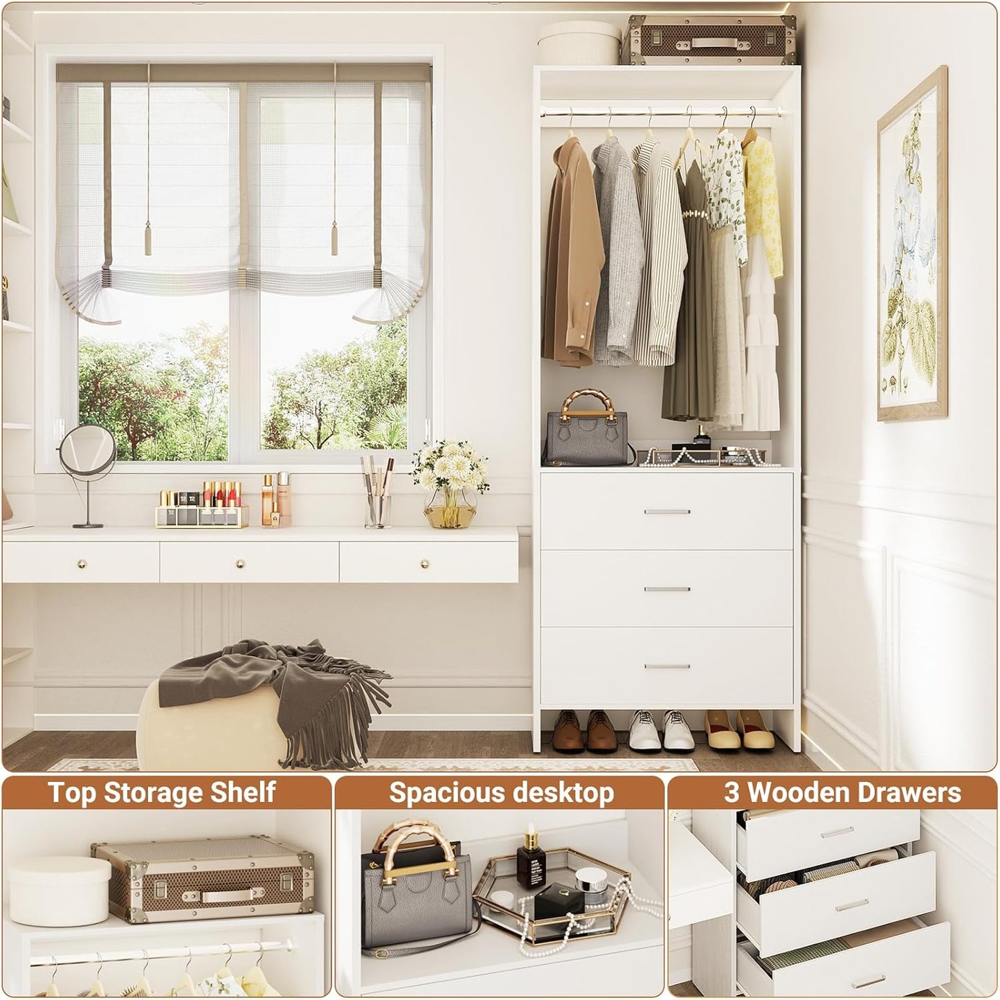Aheaplus 2FT Closet System with 3 Drawers, 24’’ Closet Organizer, Wood Closet Organizer System, Walk-in Closet or Small Closets Wardrobe, Clothes Rack with Hanging Rods,-E6, White