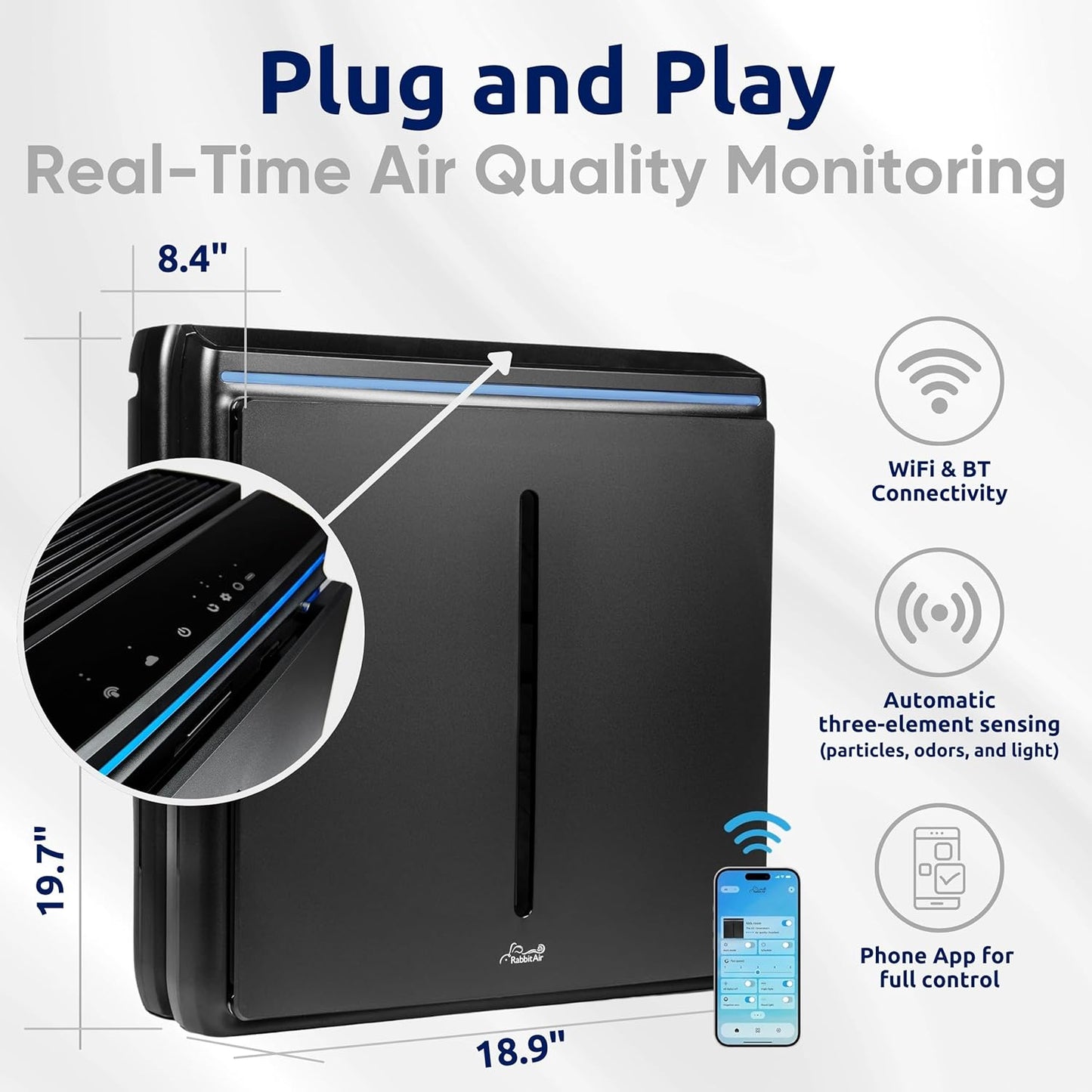 Rabbit Air, A3 SPA-1000N Air Purifiers for Home, Ultra Quiet HEPA Air Purifier - Wall Mountable Air Purifiers for Home Large Room, Allergies, Dust, Mold, Smoke & VOCs - (White, Toxin Absorber Filter)
