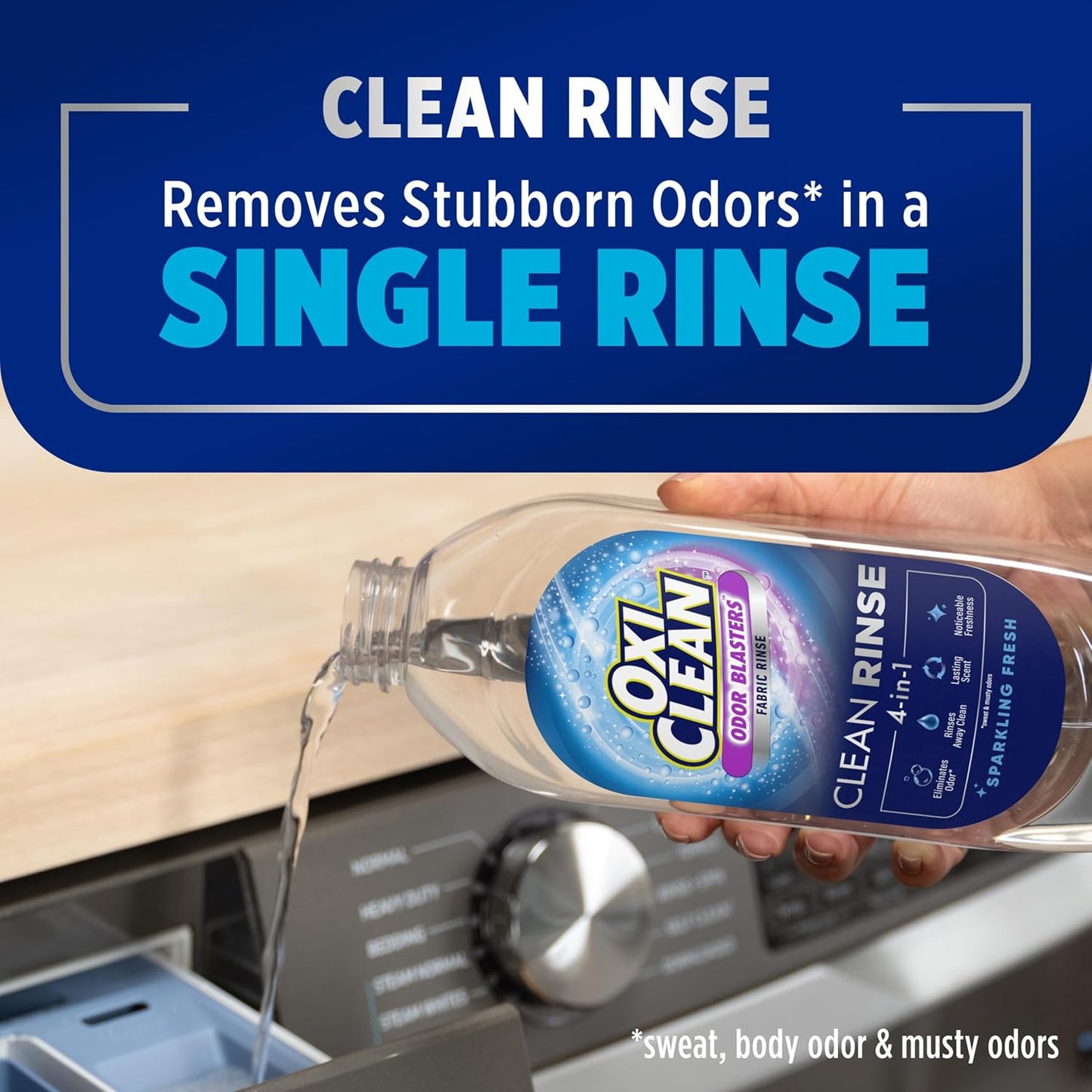 OxiClean Odor Blasters Fabric Rinse, 4-in-1 Clean Rinse Formula, Laundry Additive and Odor Eliminator for Sweat and Musty Odors, Sparkling Fresh Scent, 50 fl oz