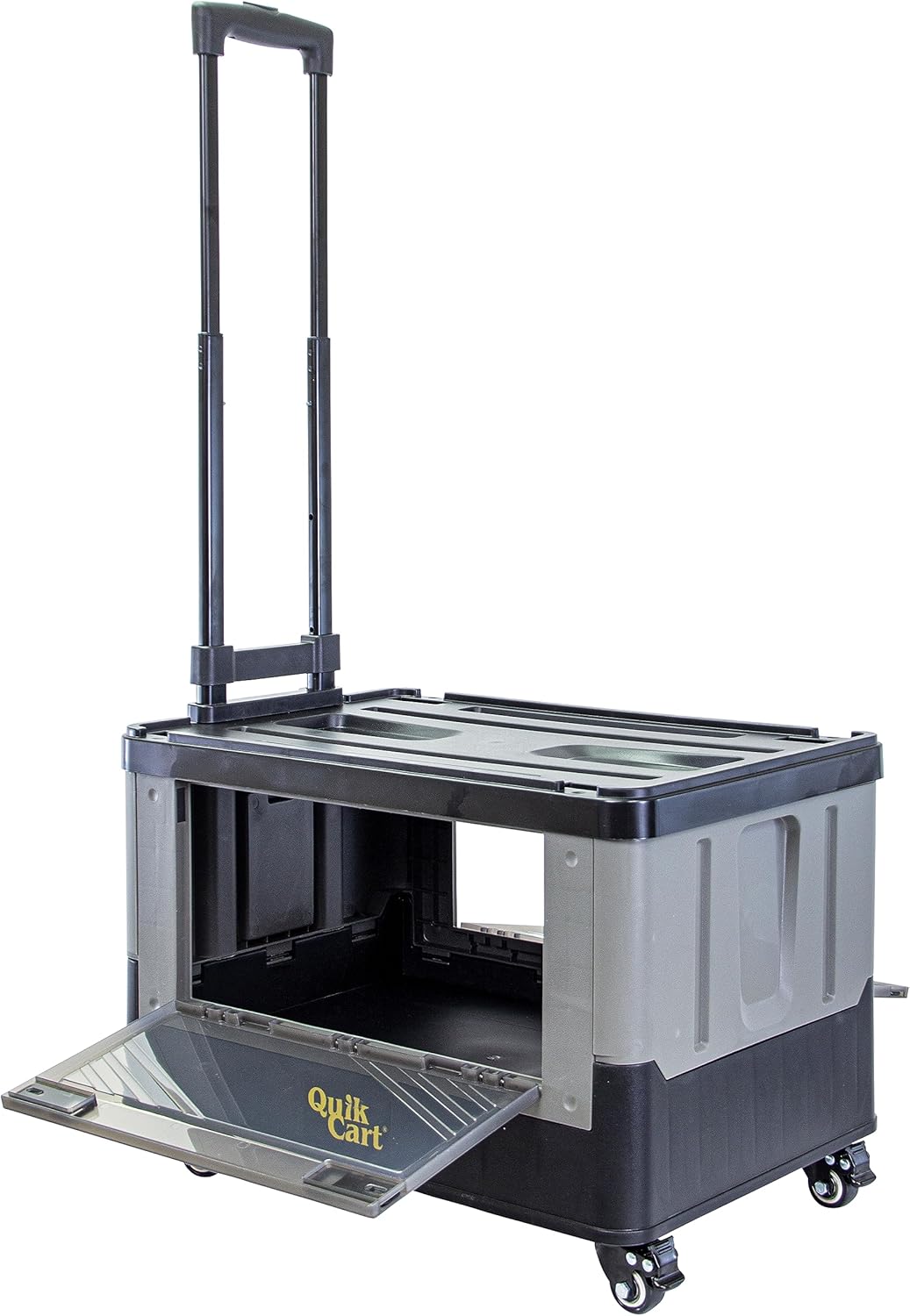 dbest products Quik Cart Extended Four Wheeled Rolling Crate Teacher Utility with seat Dual Accessible Doors Heavy Duty Collapsible Basket with Two Position Handle
