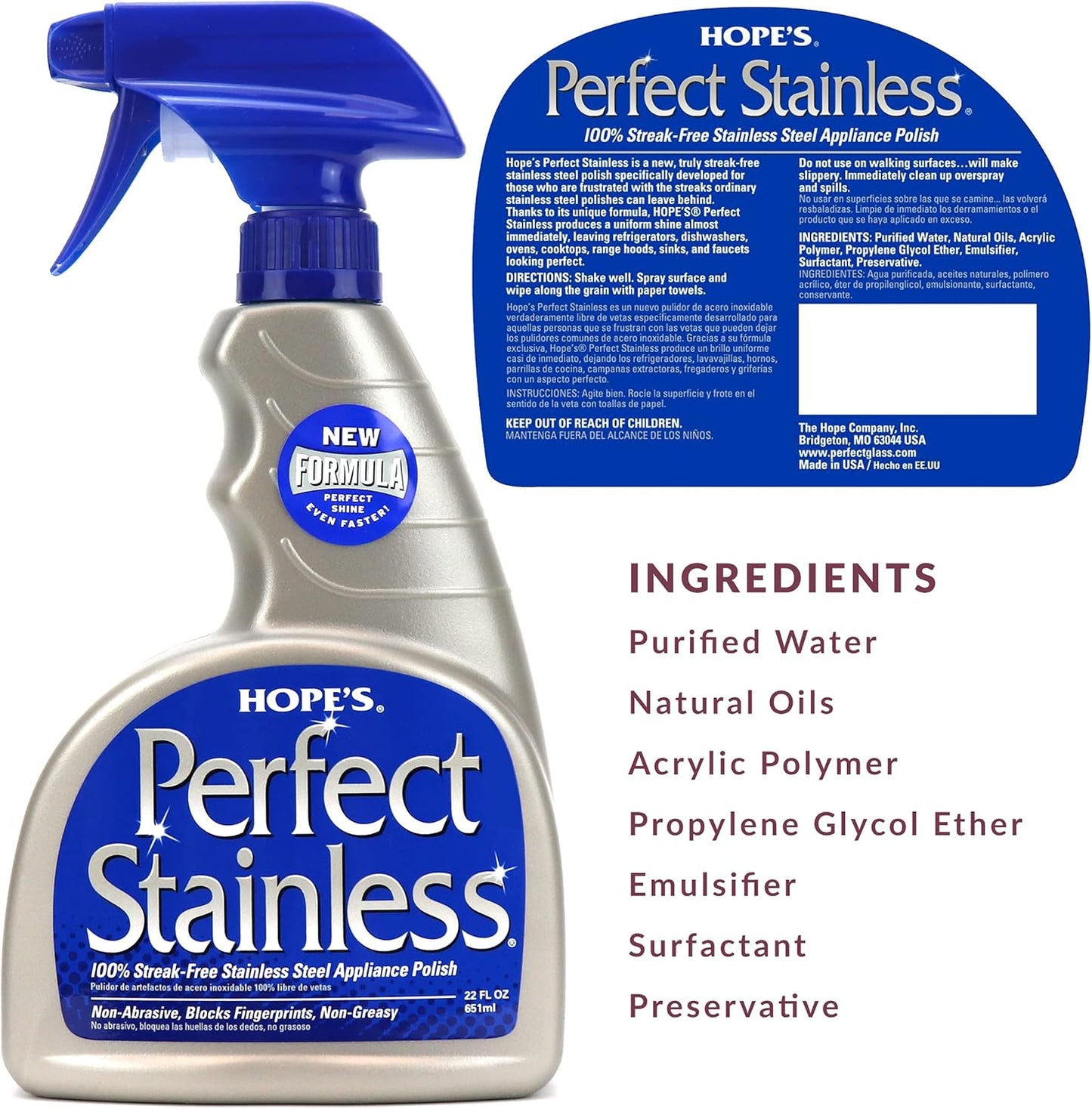 HOPE'S Perfect Stainless Steel Cleaner and Polish, 22-Ounce, Streak-Free Self-Polishing Formula, Blocks Fingerprints, 1 Pack