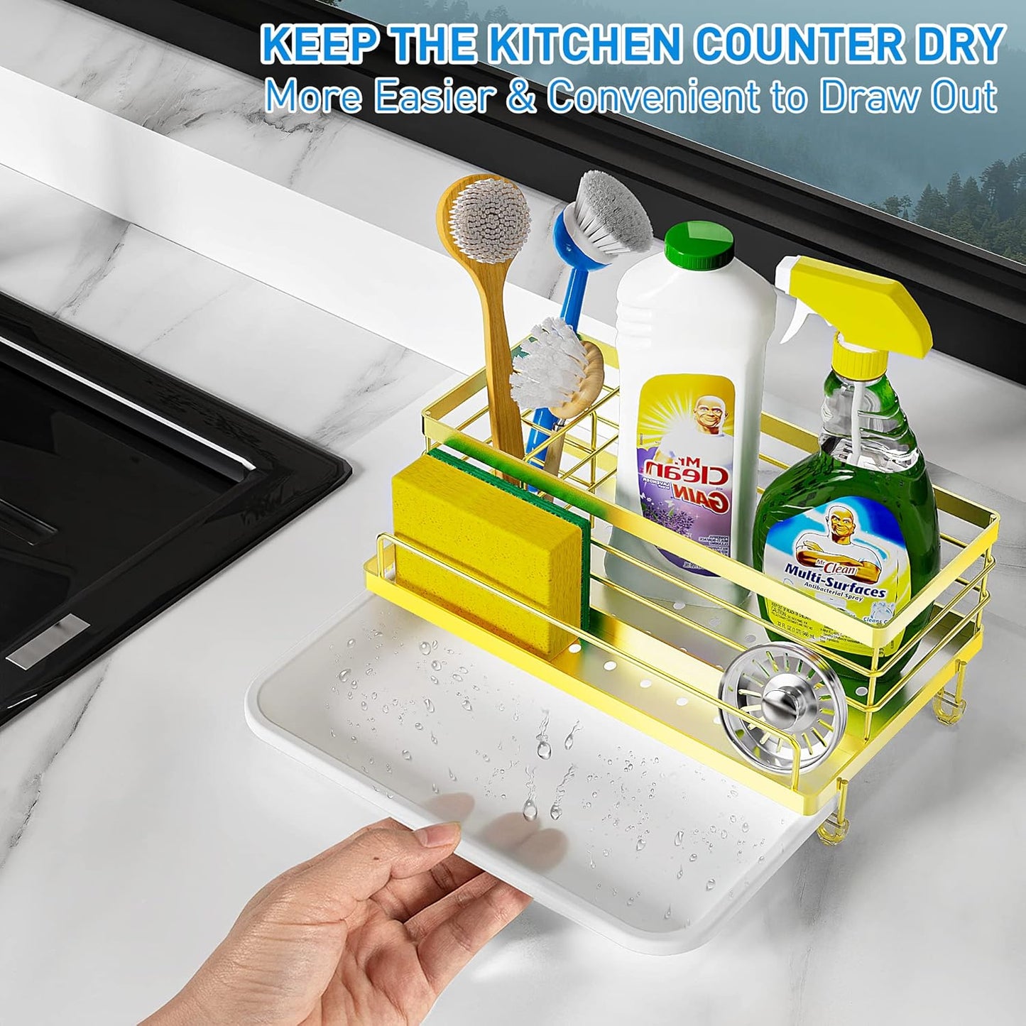 Cisily Kitchen Sink Caddy, Gold, Unisex, 5.3 in Wide, 9.49 in Long, 4 Storage Spaces, Stain-Resistant Tray, Anti-Rust, Easy to Clean