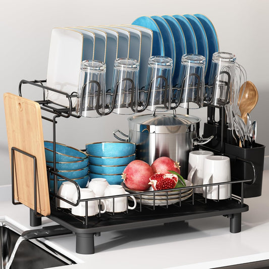 MAJALiS 2 Tier Black Large Stainless Steel Dish Drainers Drying Rack for Kitchen Counter with Drainboard, Rust Proof Metal, Space Saving, Modern Aesthetic, Compact Plates Strainers