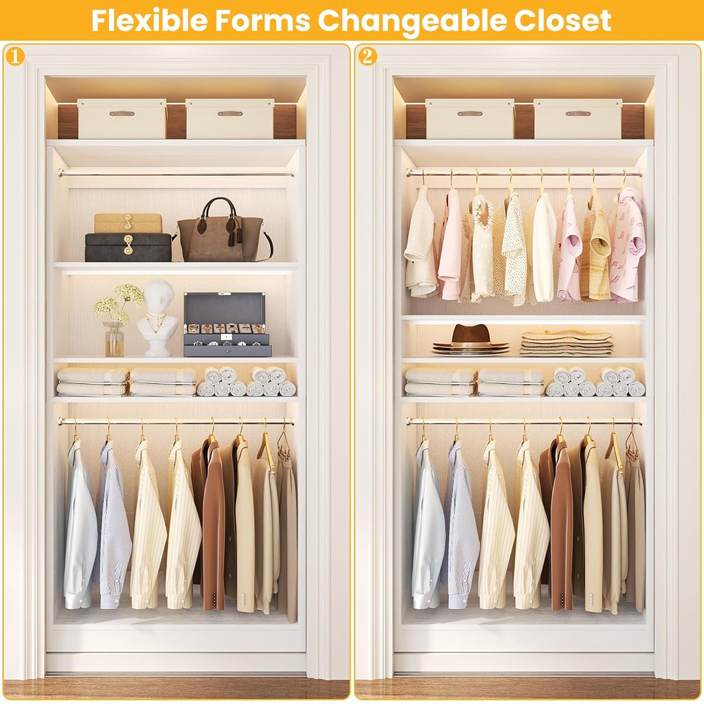 Unikito 3FT Freestanding Closet System with 2 Hanging Rods & Adjustable Shelve, 36'' Wood Closet Organizer System, Clothes Garment Rack, Sturdy Walk-in Closet Tower, Easy Assembly, Hold 800LBS, White