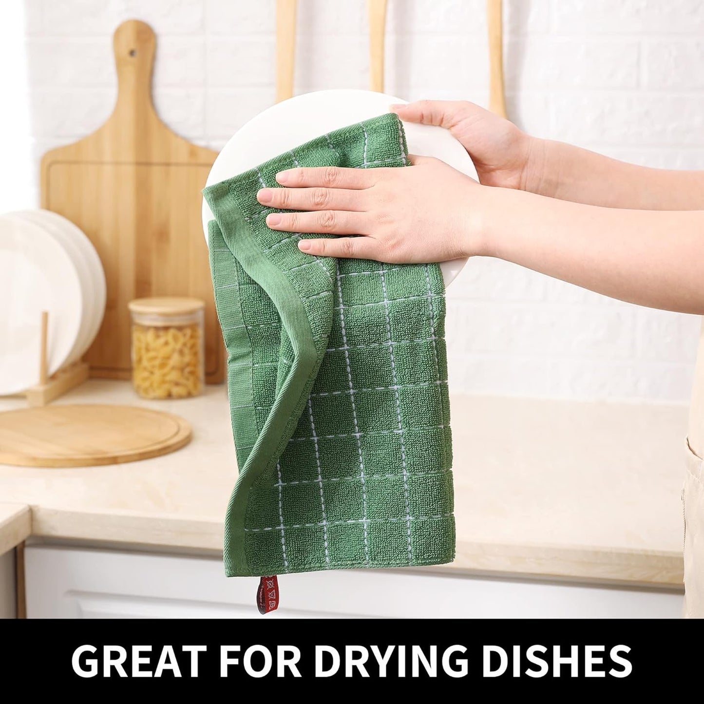 Homaxy 100% Cotton Terry Kitchen Dish Cloths, Ultra Soft and Absorbent Dish Towels for Kitchen, Suitable for Drying and Washing Dishes, 6 Pack, 12 x 12 Inches, Grass Green