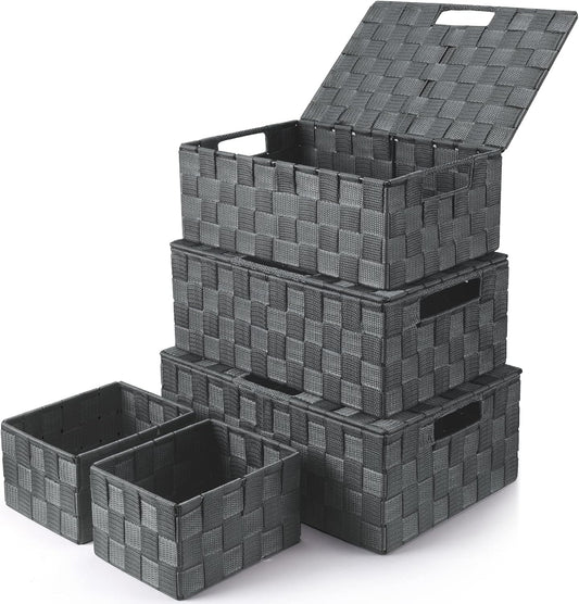 Storage Bins with Lids, Woven Storage Box Organizer Containers Decorative Baskets Cube for Clothes Bedroom Closet Office (5 Pack, Grey)
