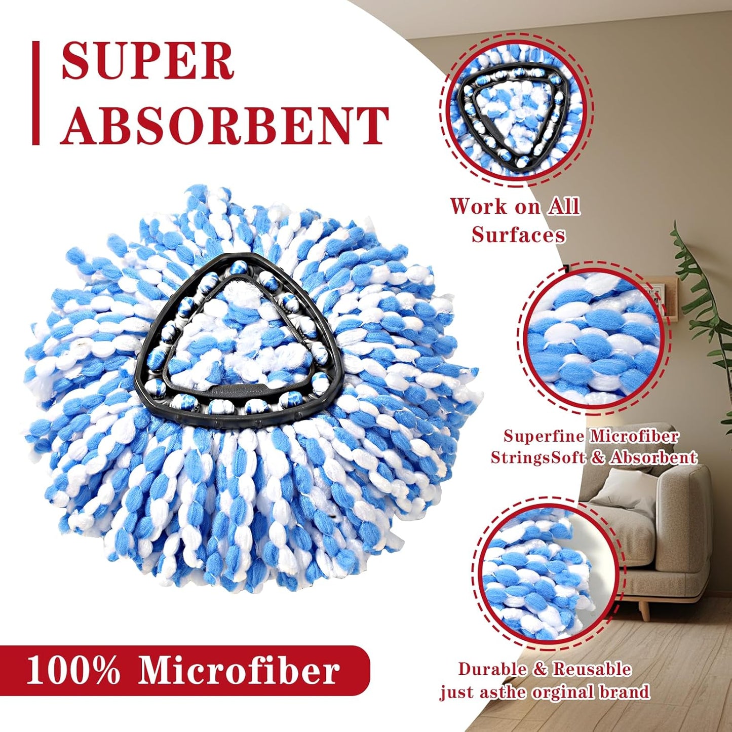 2 Pack Spin mop Replacement Head, Spin mop Scrub Brush,Microfiber Mop Refills, Easy to Replace,for Bathroom,Kitchen,Tub and Tile,Easy Cleaning,Suitable for Ocedar RinseClean 2-Tank System Spin Mop (B)