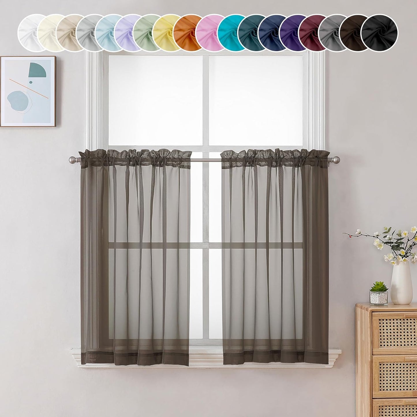 Chyhomenyc Sheer Chocolate Brown Tier Curtains 24 Inch Length, Small Window Curtains Treatment for Bathroom Living Room Basement, Short Rod Pocket Cafe Curtain, 42W x 24L Inches, 2 Panels