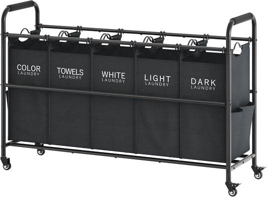 Tajsoon 5 Bag Laundry Sorter Cart, 5 Section Laundry Hamper with Heavy Duty Rolling Lockable Wheels, Laundry Basket Organizer with Removable Bags for Dirty Clothes Storage, Black