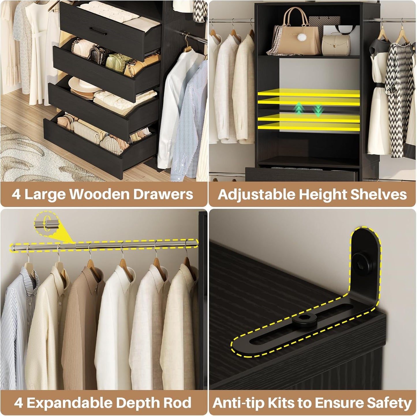 Aheaplus Closet System, 4-9Ft Closet Organizer with 4 Wooden Drawers, Wood Closet Organizer System with Tower, Walk-in Closet Organizer Wardrobe Clothes Rack with 4 Hanging Rods, Garment Rack, Black