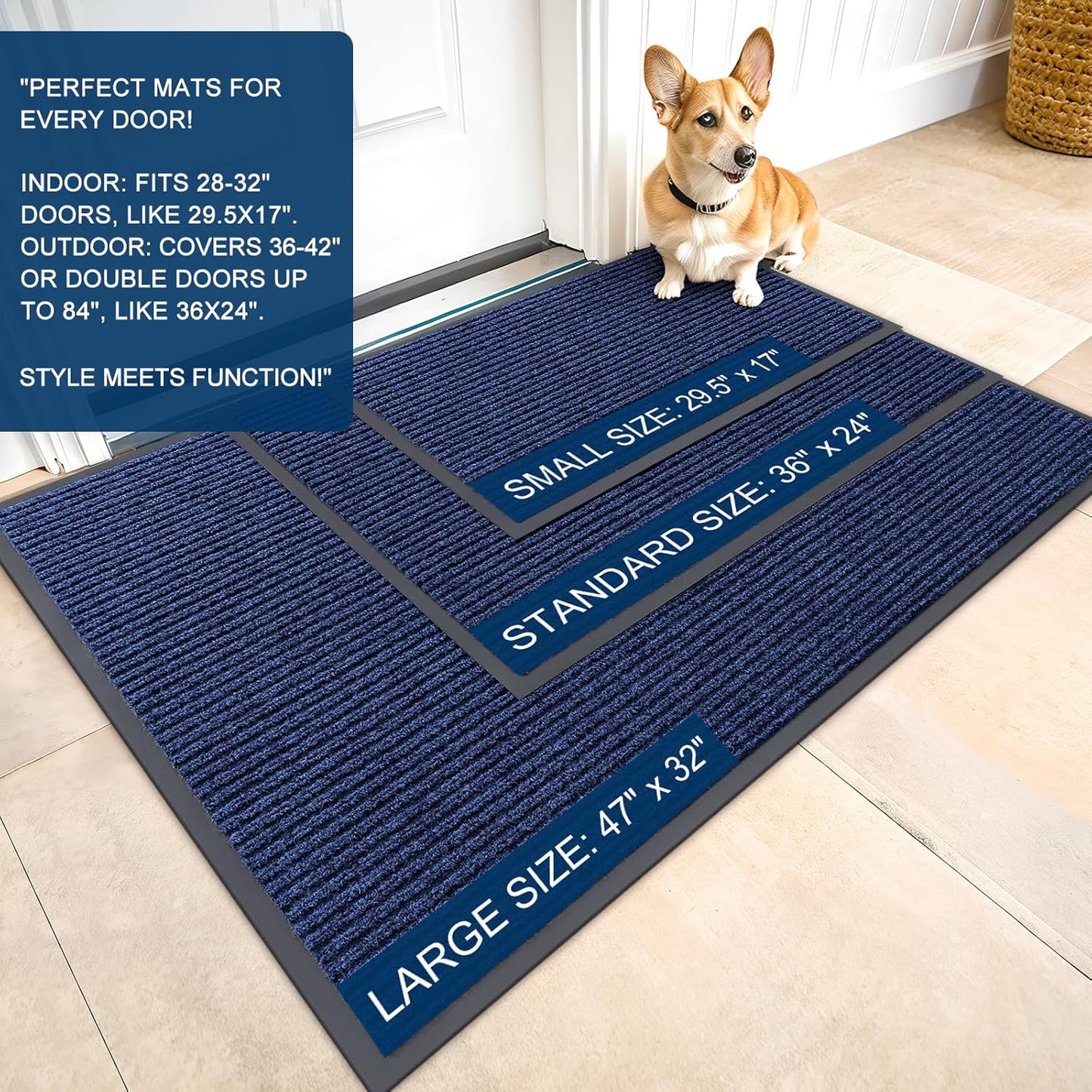 OLANLY Front Door Mat Indoor Outdoor Entrance, Waterproof Heavy Duty Doormat, Fade Resistant, Low Profile, Easy Clean Patio Porch Welcome Floor Mats for Entry, 36x24, Blue