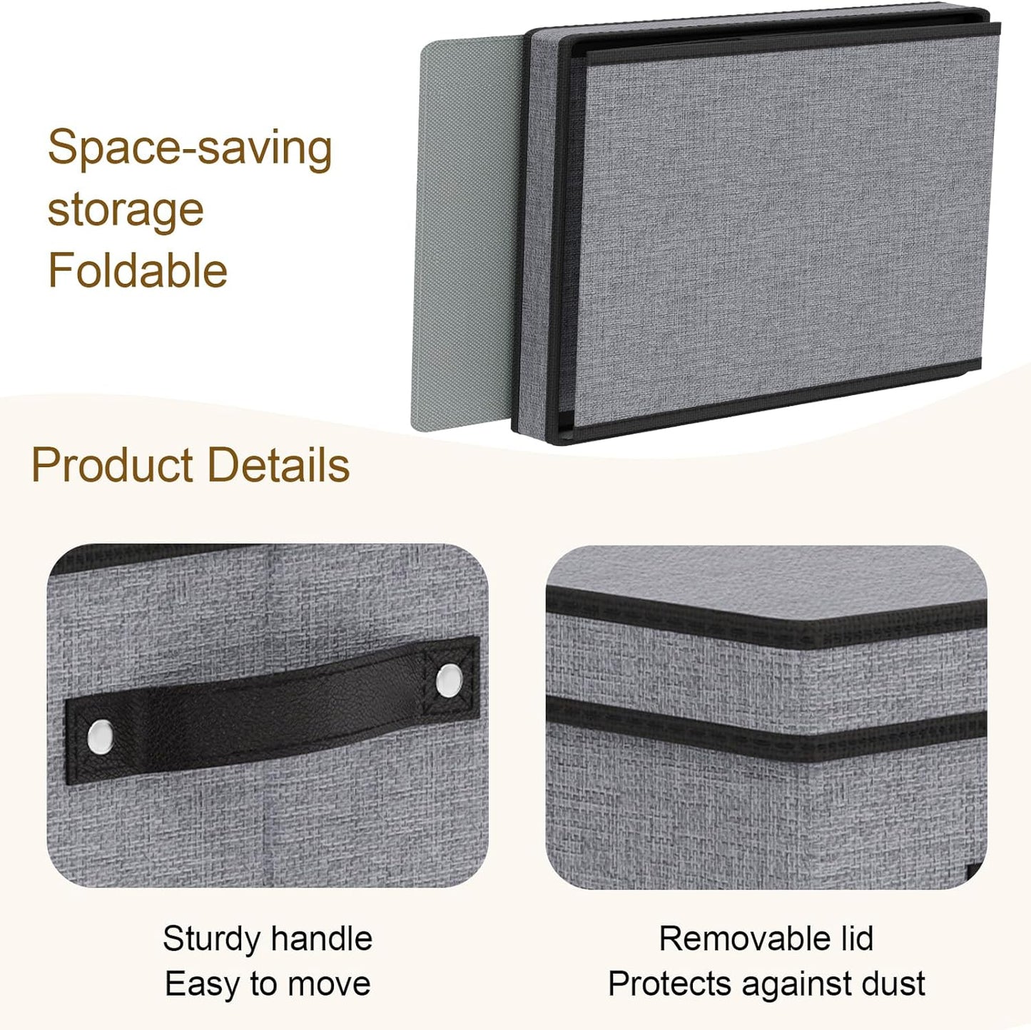 Storage Boxes, 15 x 9.8 x 8.3 Inch Baskets for Organizing with Lids, Fabric Bins with Handles, Decorative Linen Closet Organizers, Gray, 3 Pack